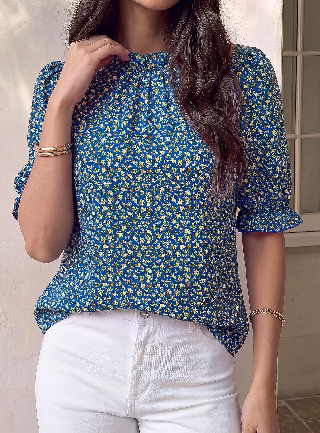 image:imageBTFBM Women Blouses High Neck Boho Floral TopsFloral Blue