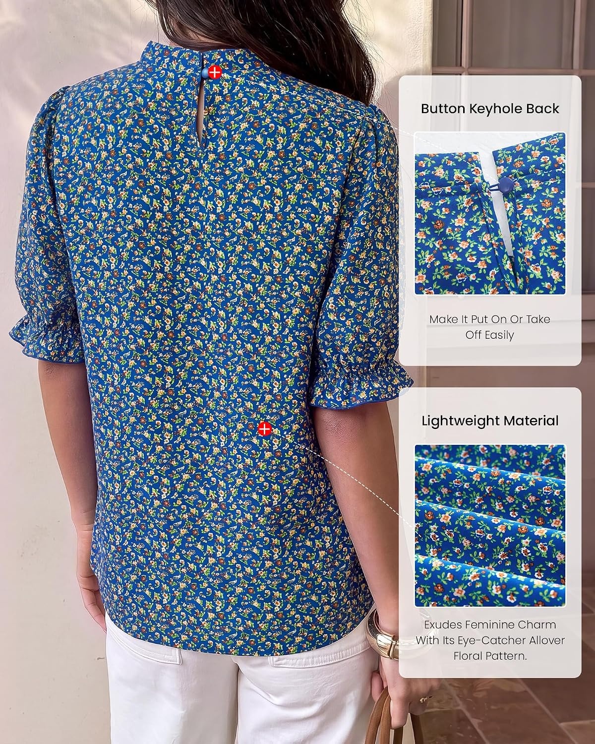 image:imageBTFBM Women Blouses High Neck Boho Floral TopsFloral Blue