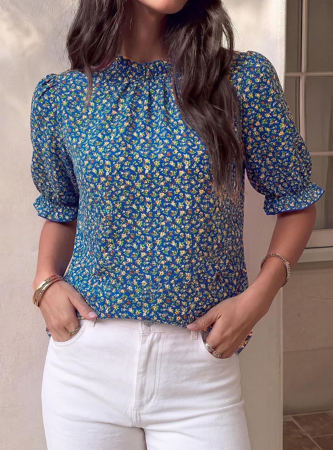 image:imageBTFBM Women Blouses High Neck Boho Floral TopsFloral Blue