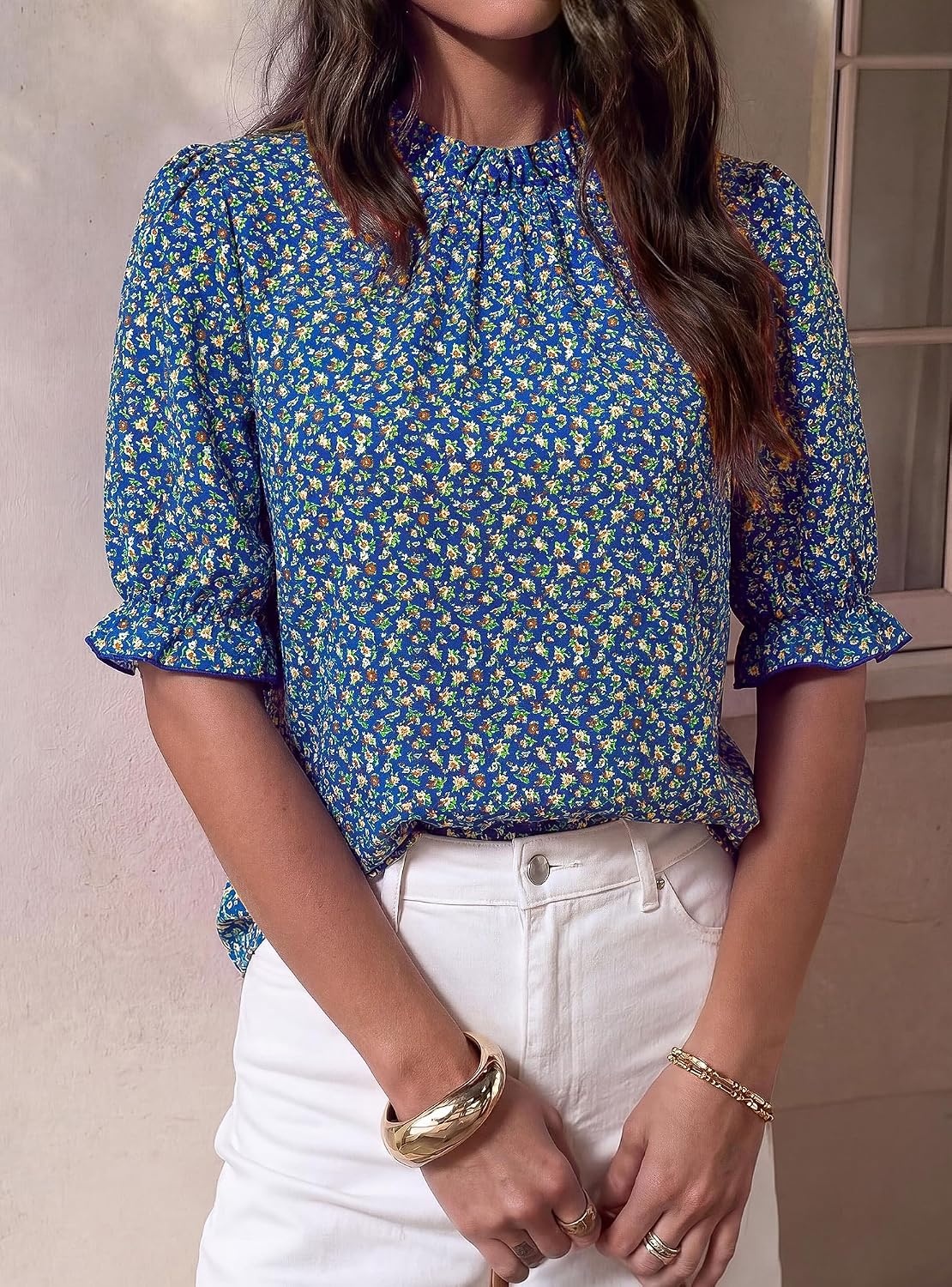 image:imageBTFBM Women Blouses High Neck Boho Floral TopsFloral Blue
