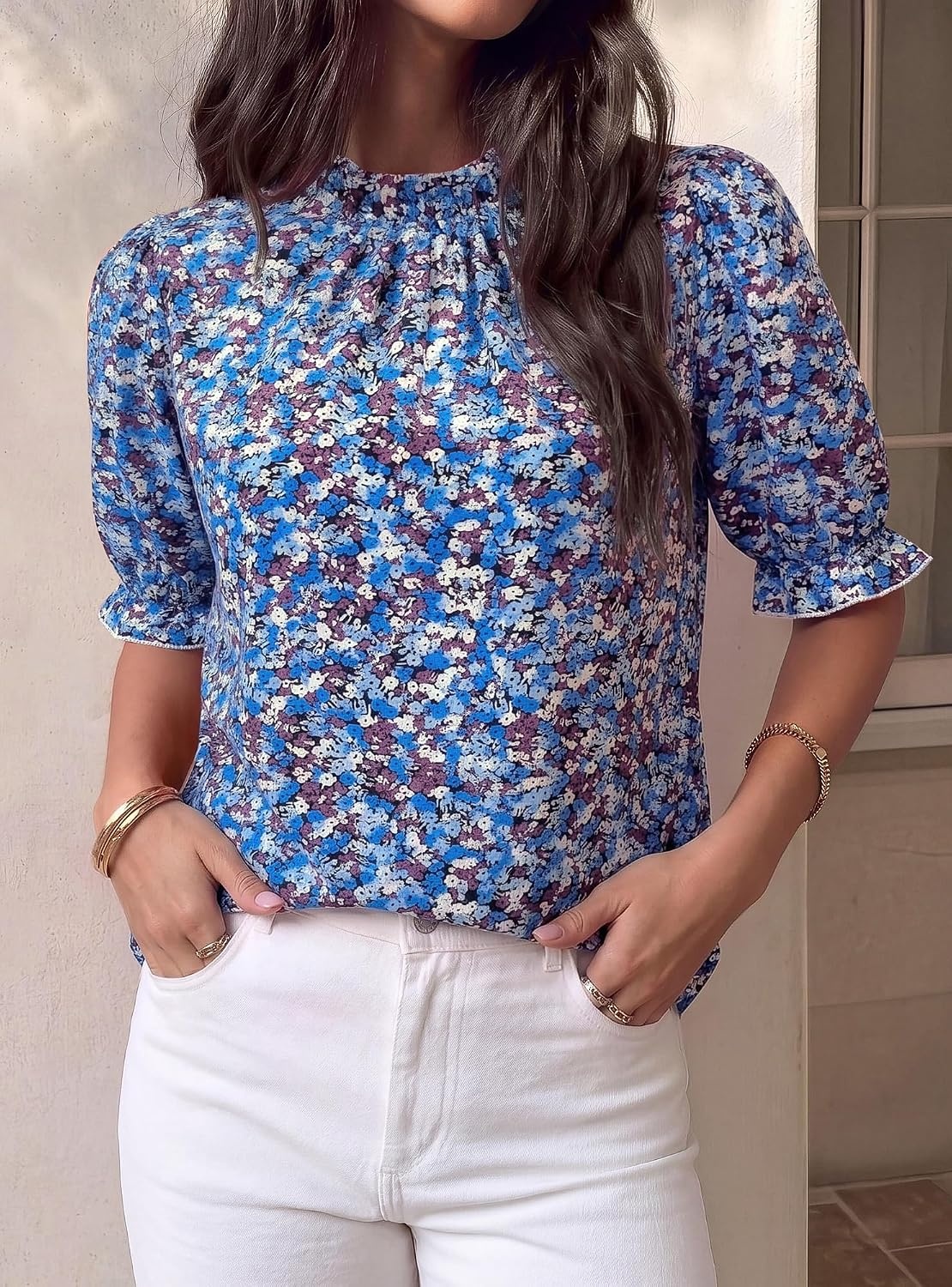 image:imageBTFBM Women Blouses High Neck Boho Floral TopsFloral Blue White