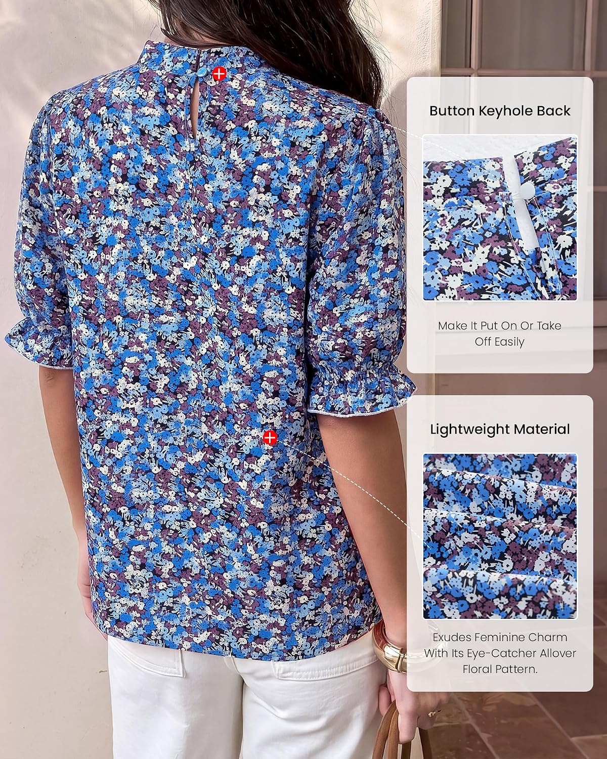 image:imageBTFBM Women Blouses High Neck Boho Floral TopsFloral Blue White