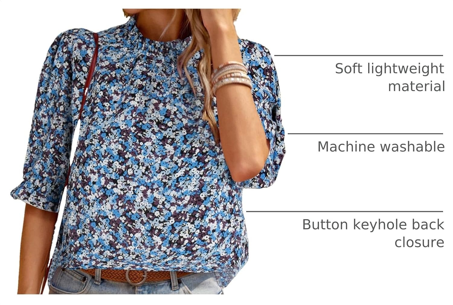 image:imageBTFBM Women Blouses High Neck Boho Floral TopsFloral Blue White