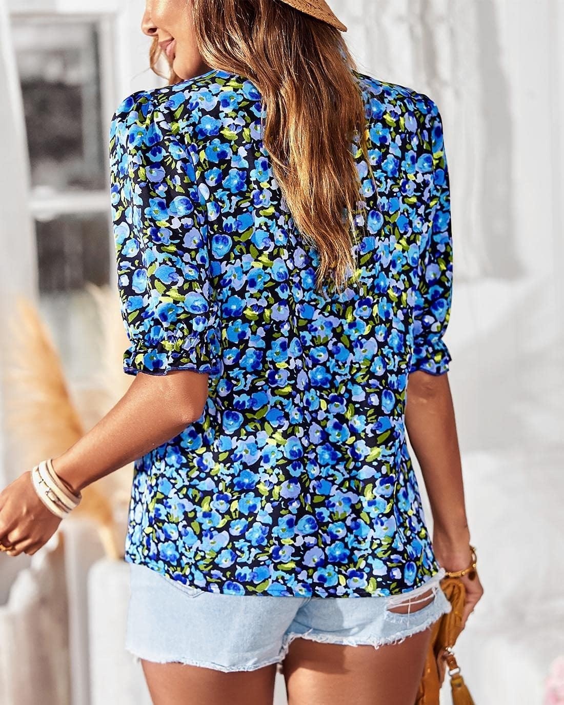 image:imageBTFBM Women Blouses High Neck Boho Floral TopsFloral Bright Blue
