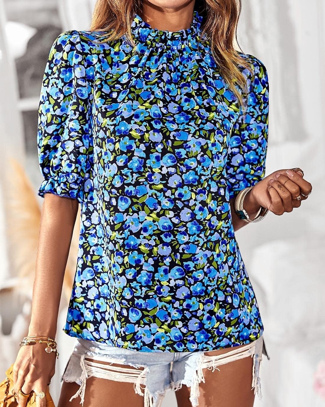 image:imageBTFBM Women Blouses High Neck Boho Floral TopsFloral Bright Blue
