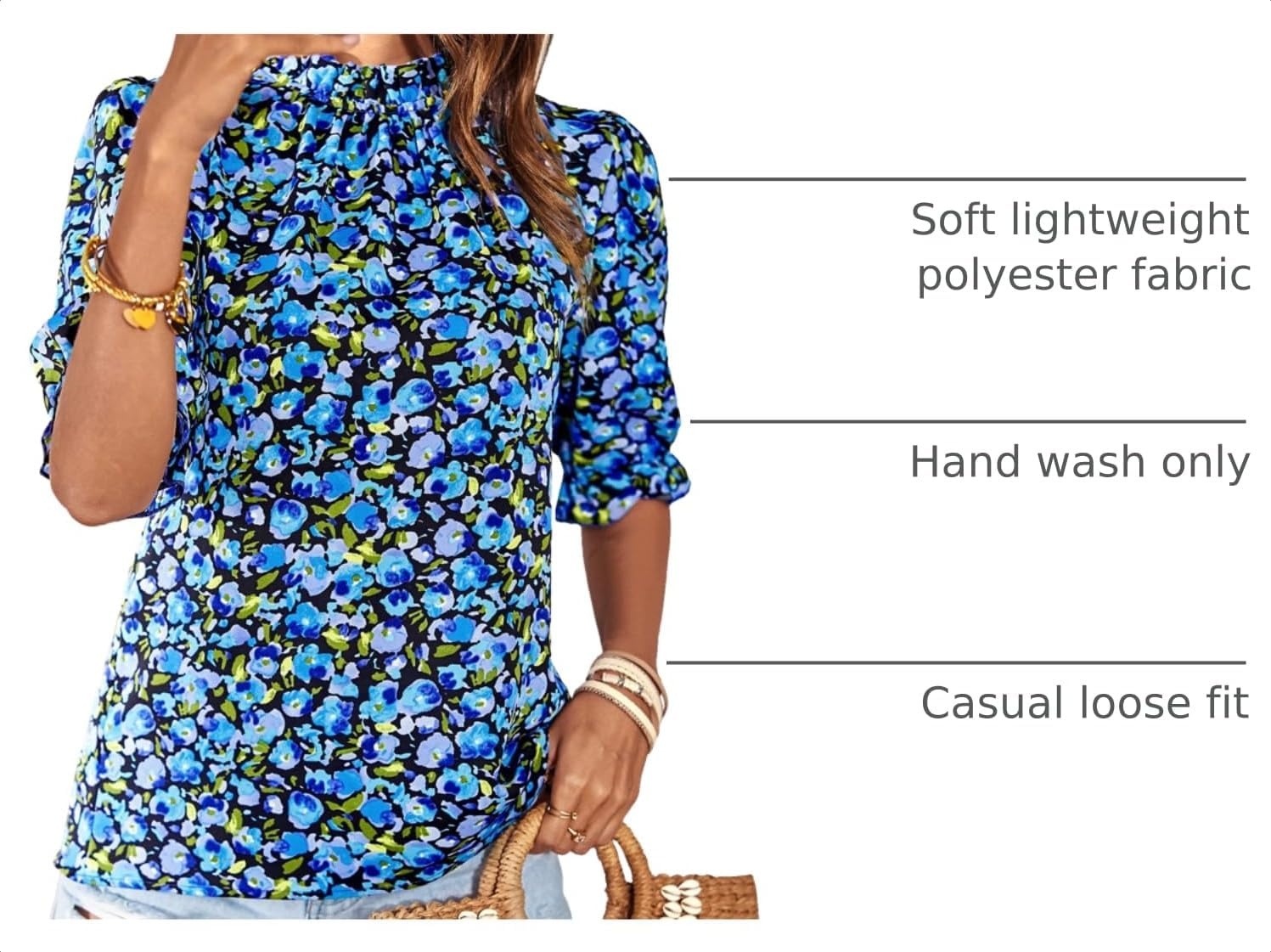 image:imageBTFBM Women Blouses High Neck Boho Floral TopsFloral Bright Blue