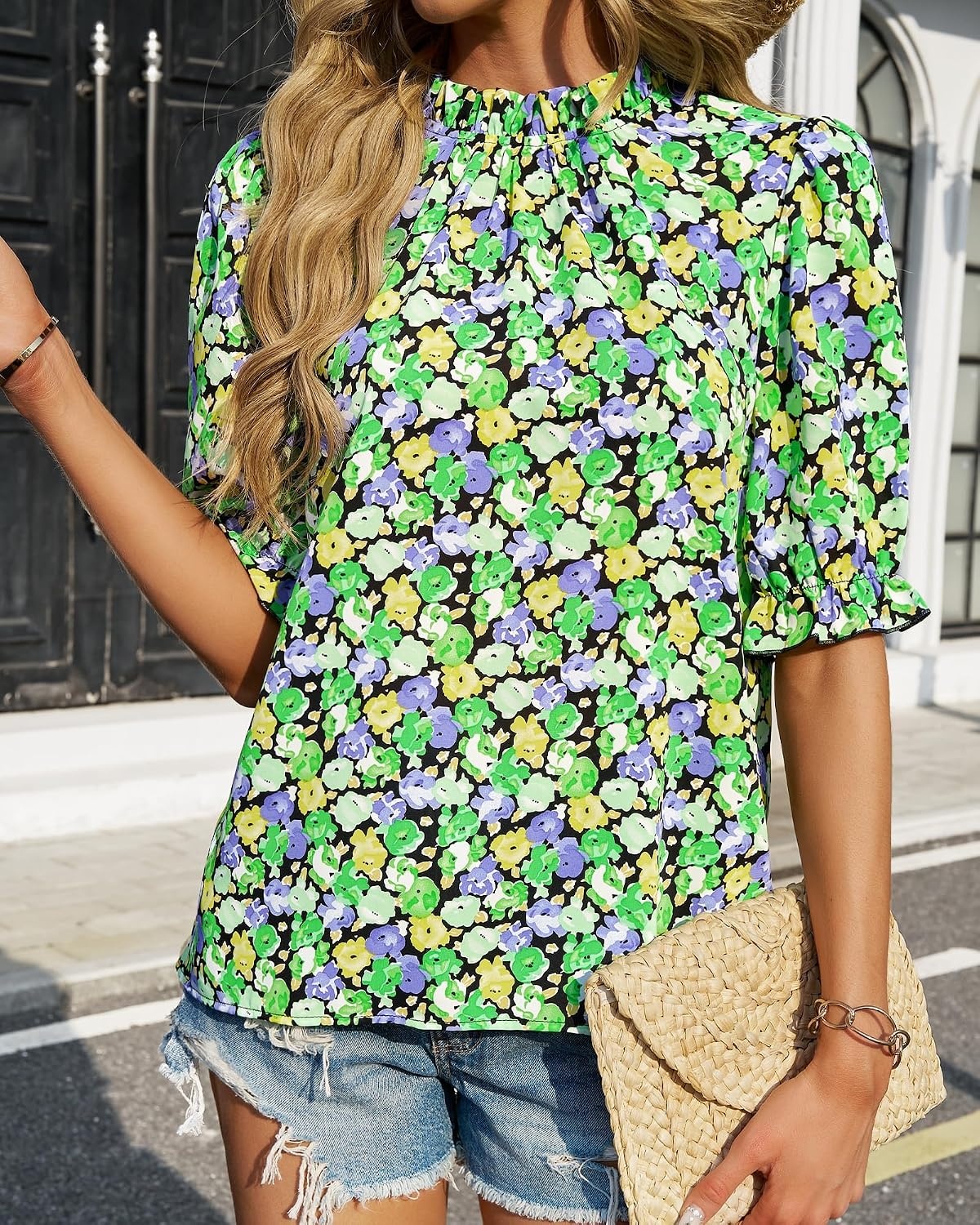 image:imageBTFBM Women Blouses High Neck Boho Floral TopsFloral Green Black