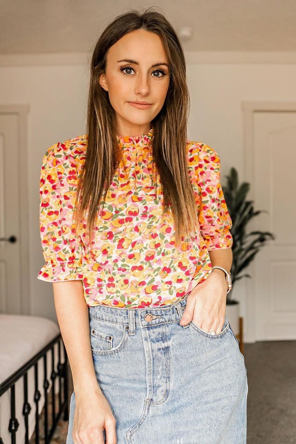 image:imageBTFBM Women Blouses High Neck Boho Floral TopsFloral Pink