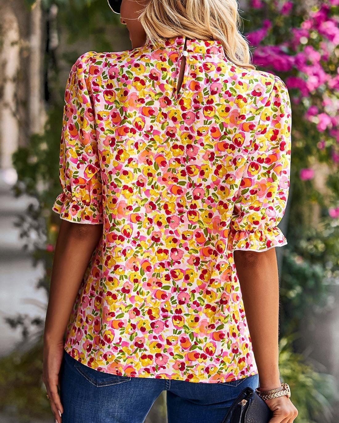 image:imageBTFBM Women Blouses High Neck Boho Floral TopsFloral Pink