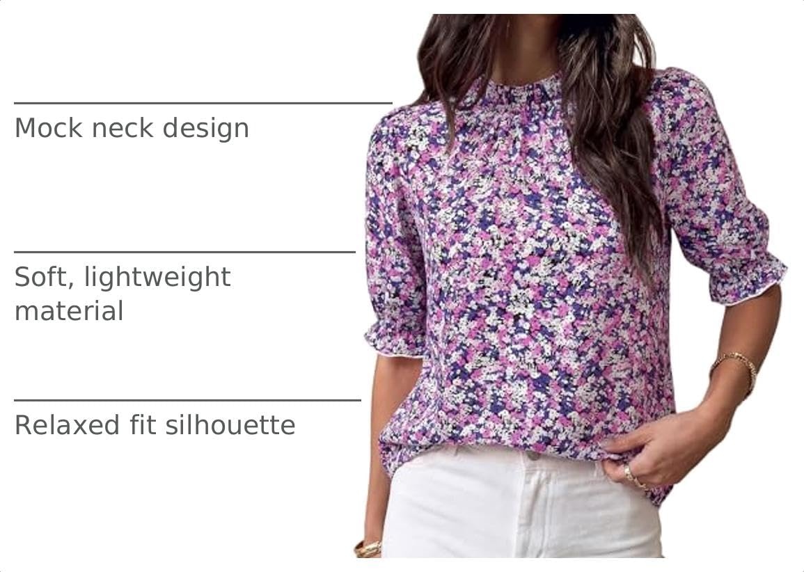 image:imageBTFBM Women Blouses High Neck Boho Floral TopsFloral Purple White