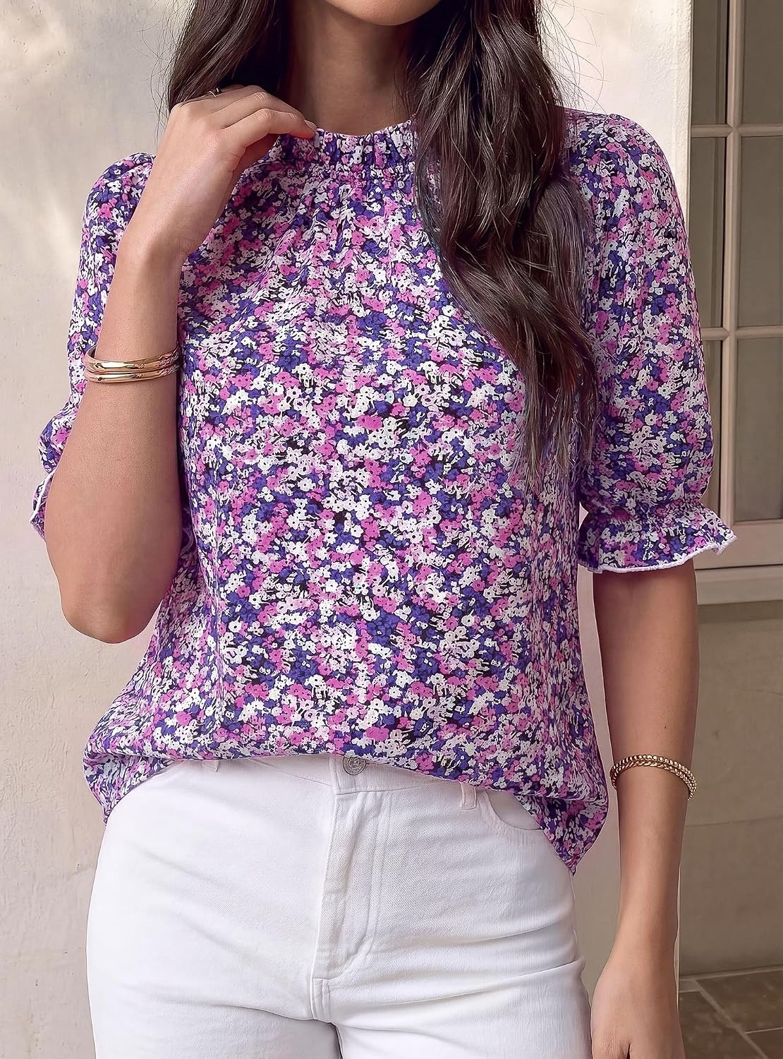 image:imageBTFBM Women Blouses High Neck Boho Floral TopsFloral Purple White