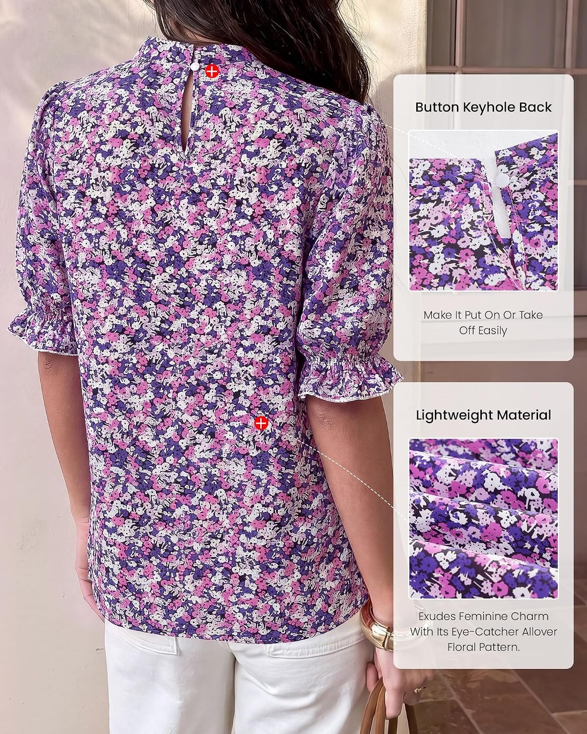 image:imageBTFBM Women Blouses High Neck Boho Floral TopsFloral Purple White