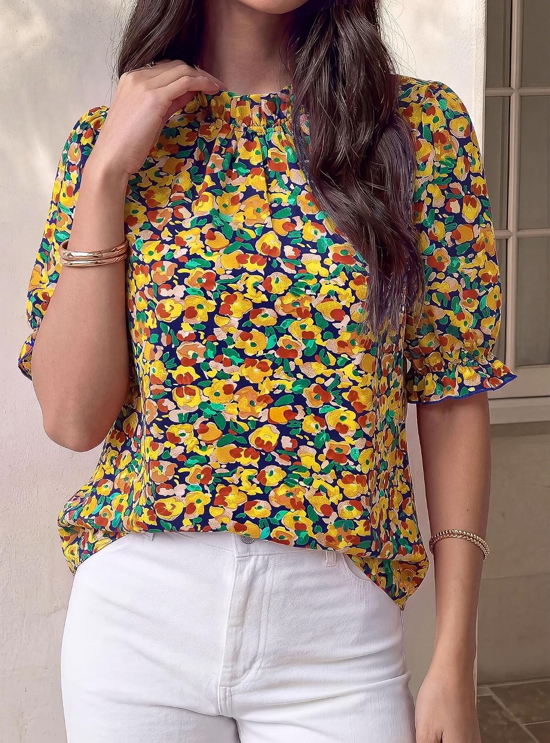 image:imageBTFBM Women Blouses High Neck Boho Floral TopsFloral Royal Blue