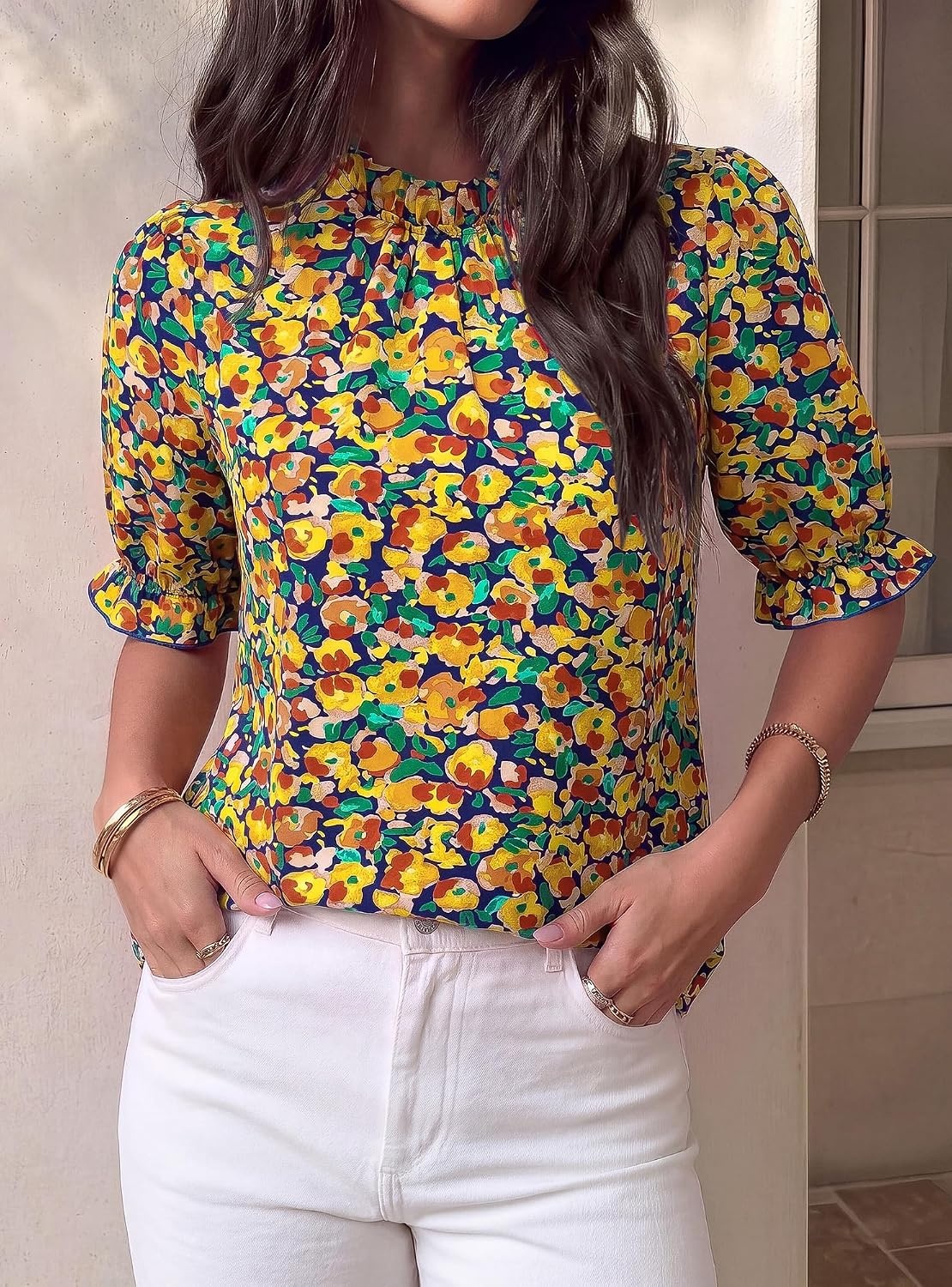 image:imageBTFBM Women Blouses High Neck Boho Floral TopsFloral Royal Blue