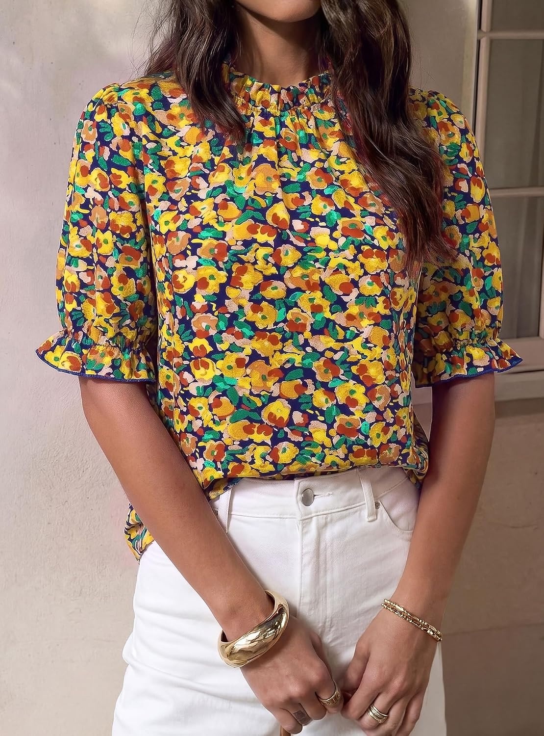 image:imageBTFBM Women Blouses High Neck Boho Floral TopsFloral Royal Blue