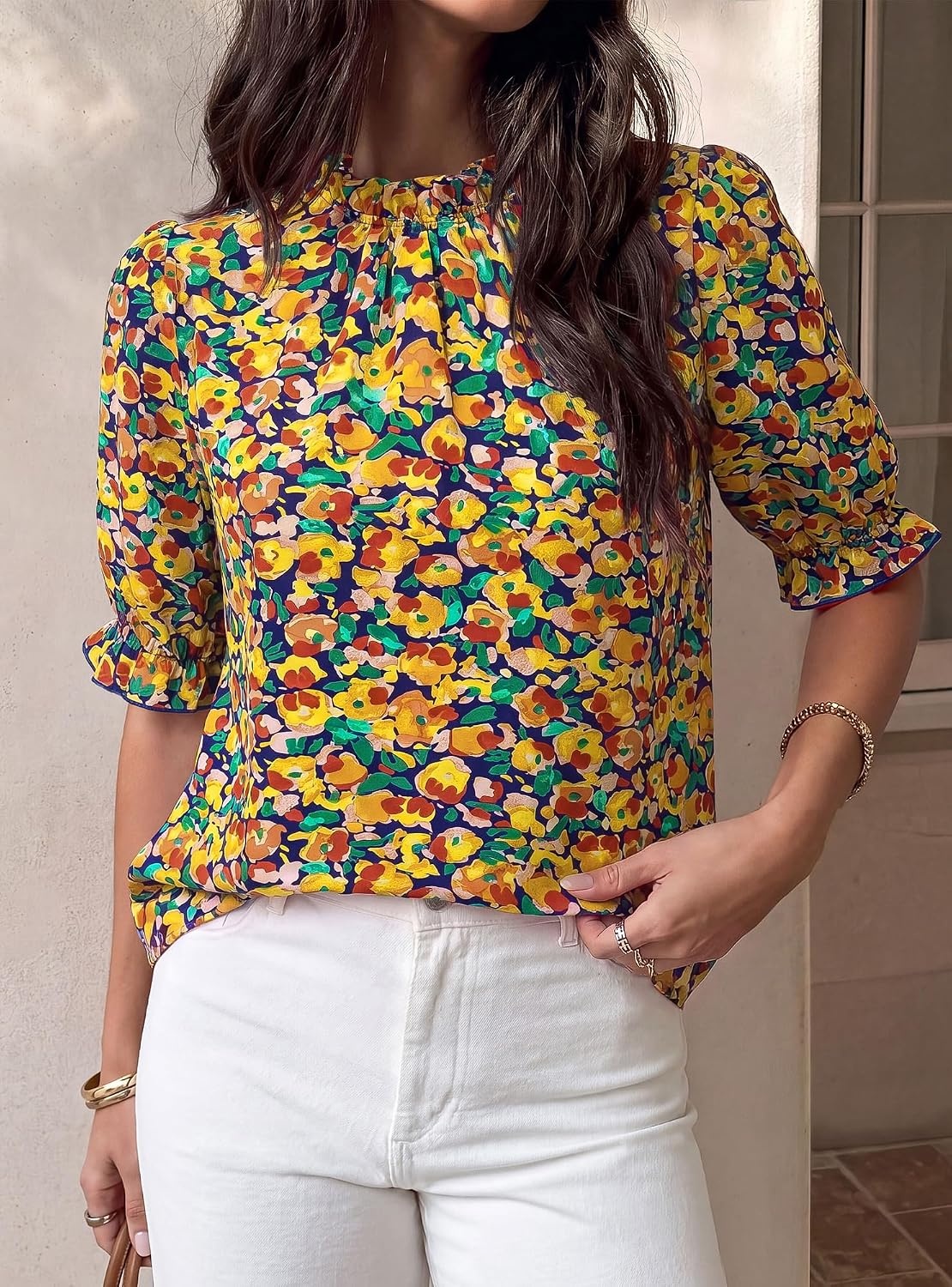 image:imageBTFBM Women Blouses High Neck Boho Floral TopsFloral Royal Blue