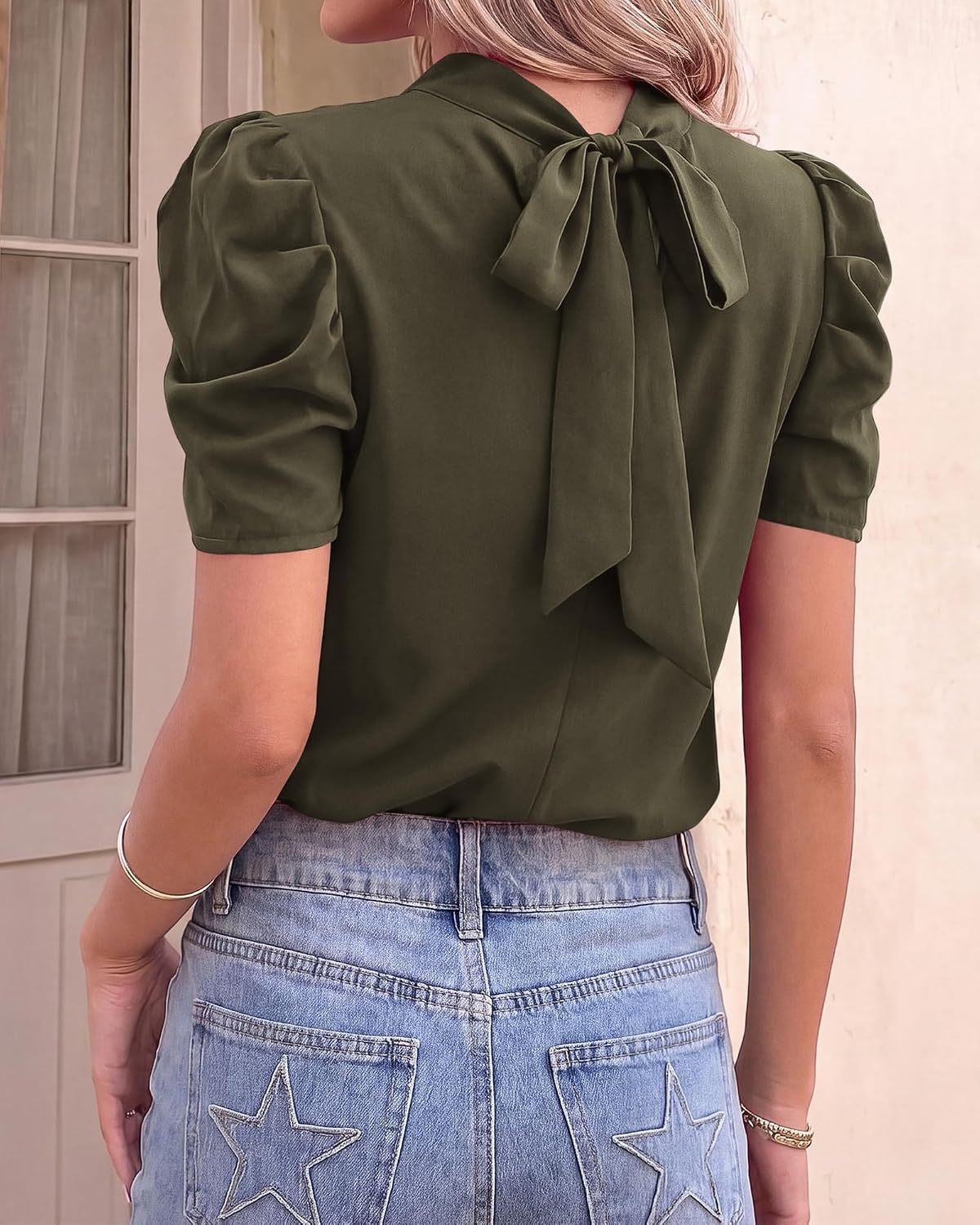 image:imageBTFBM Women Blouses High Neck Boho Floral TopsSolid Army Green