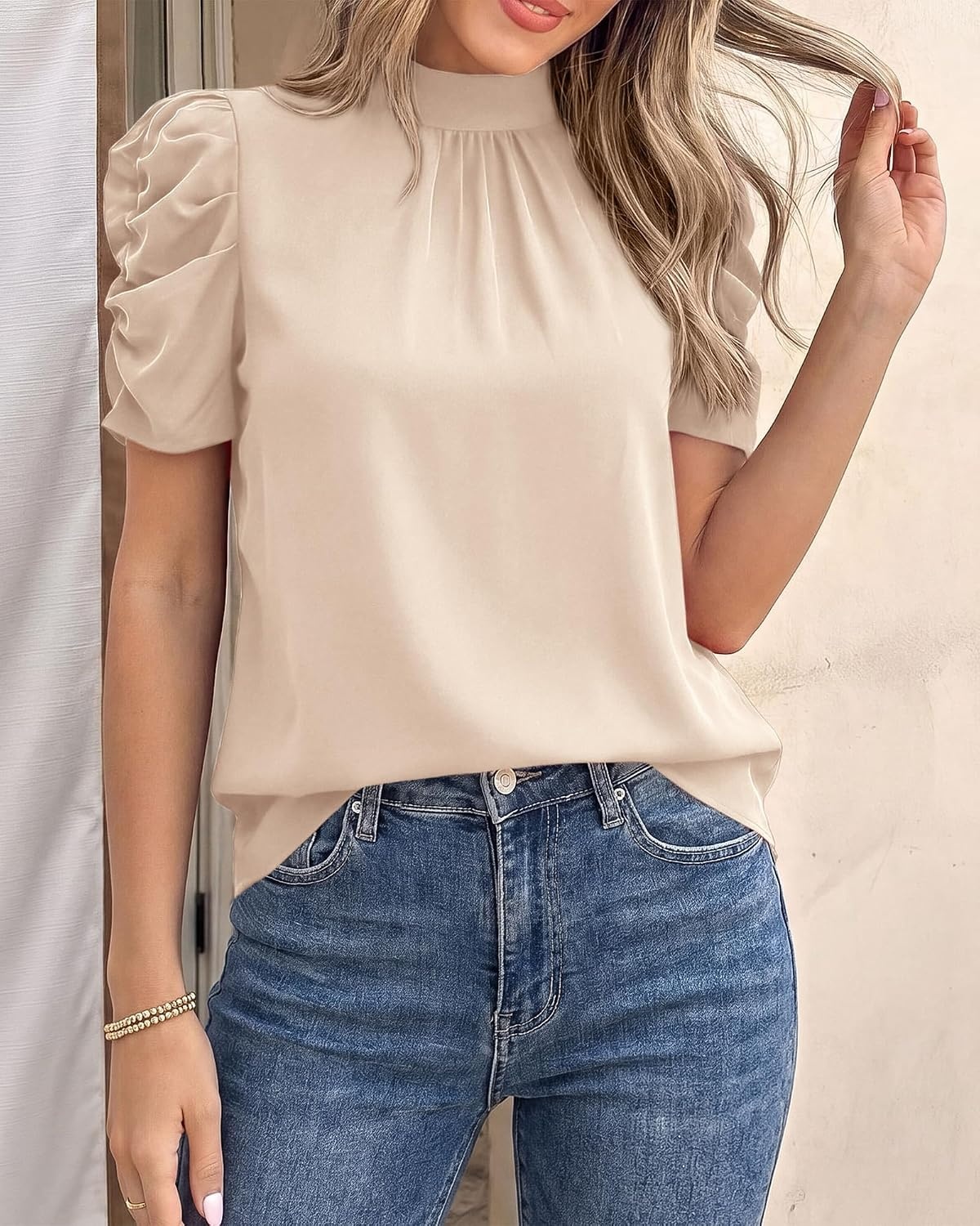 image:imageBTFBM Women Blouses High Neck Boho Floral TopsSolid Beige