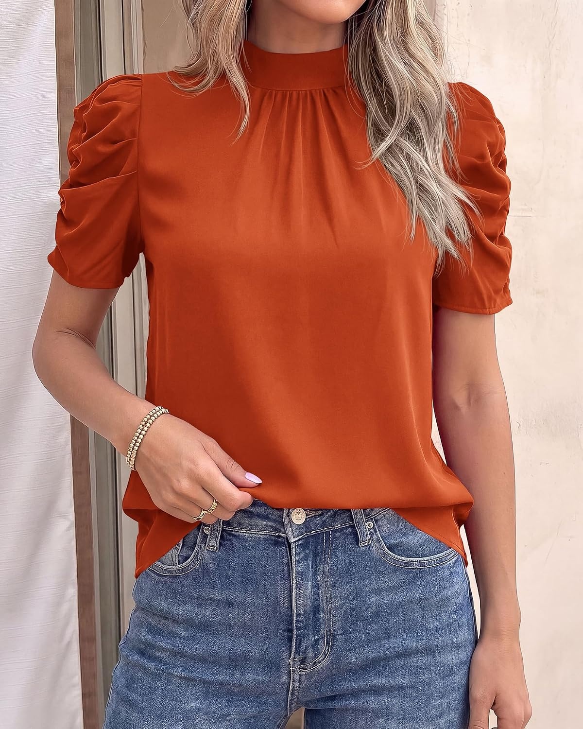 image:imageBTFBM Women Blouses High Neck Boho Floral TopsSolid Brick Red