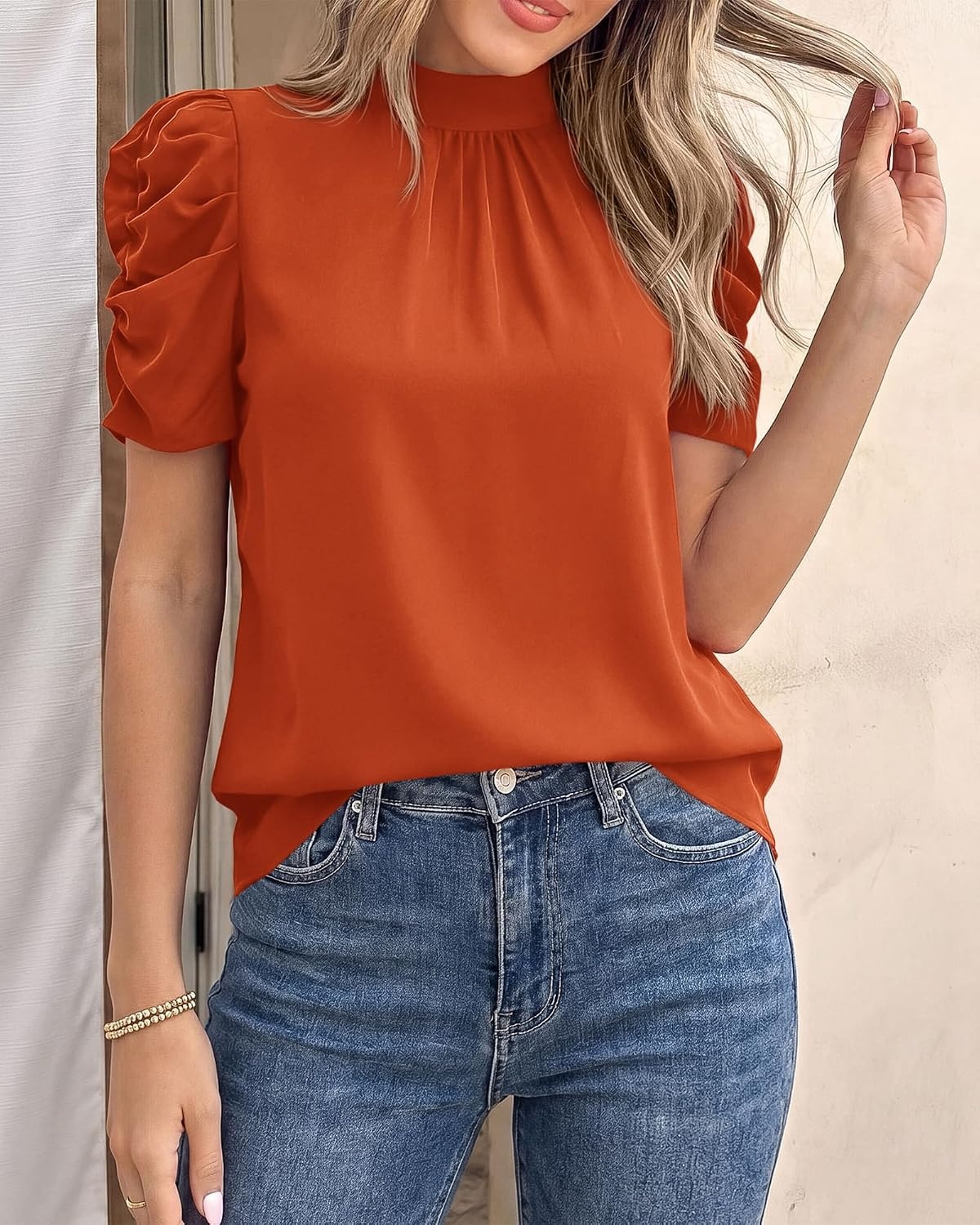 image:imageBTFBM Women Blouses High Neck Boho Floral TopsSolid Brick Red