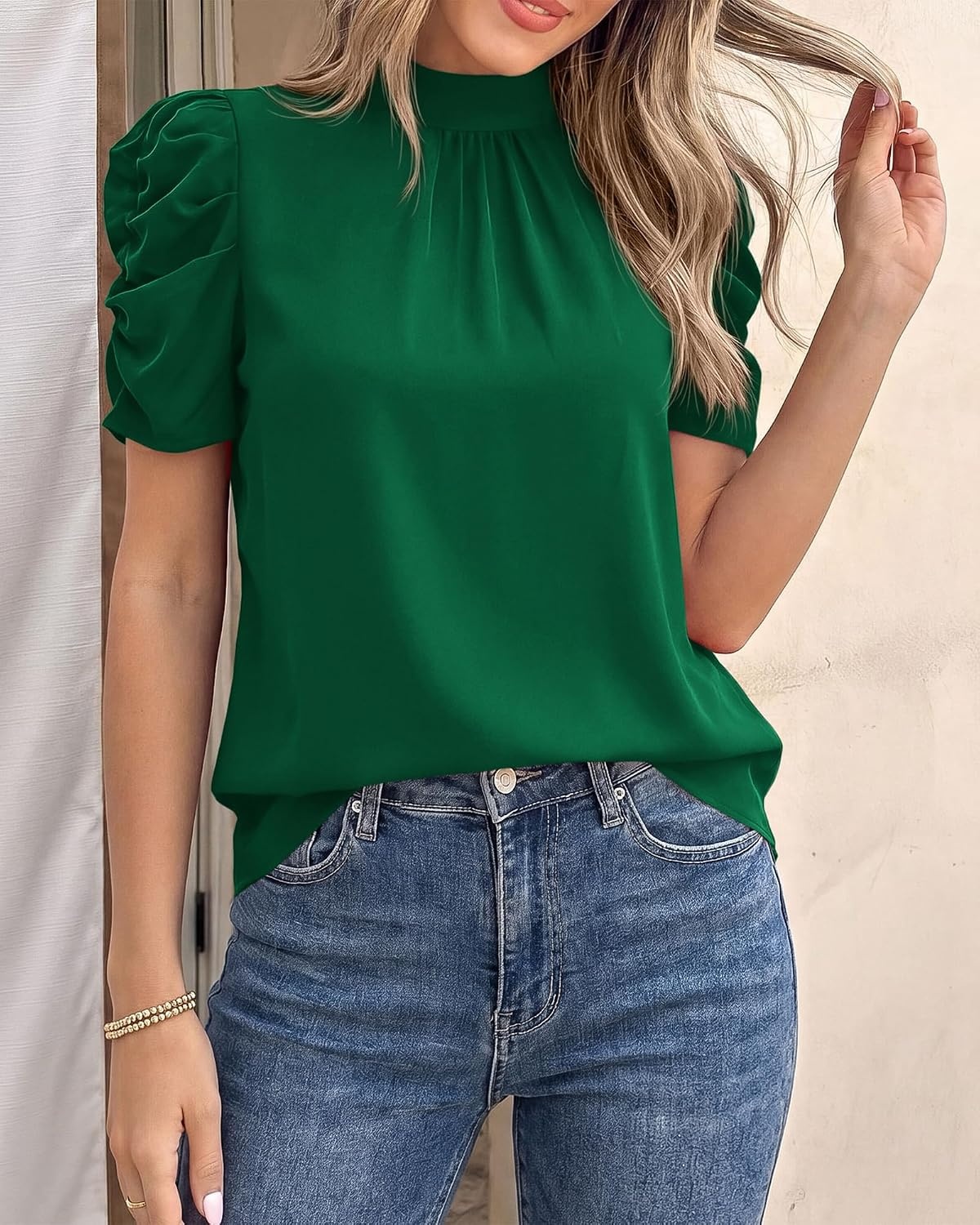 image:imageBTFBM Women Blouses High Neck Boho Floral TopsSolid Dark Green