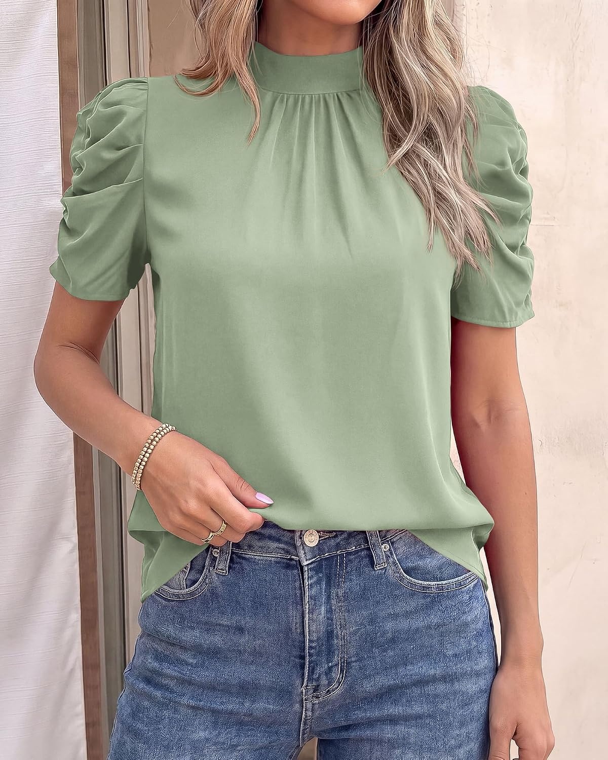 image:imageBTFBM Women Blouses High Neck Boho Floral TopsSolid Light Green