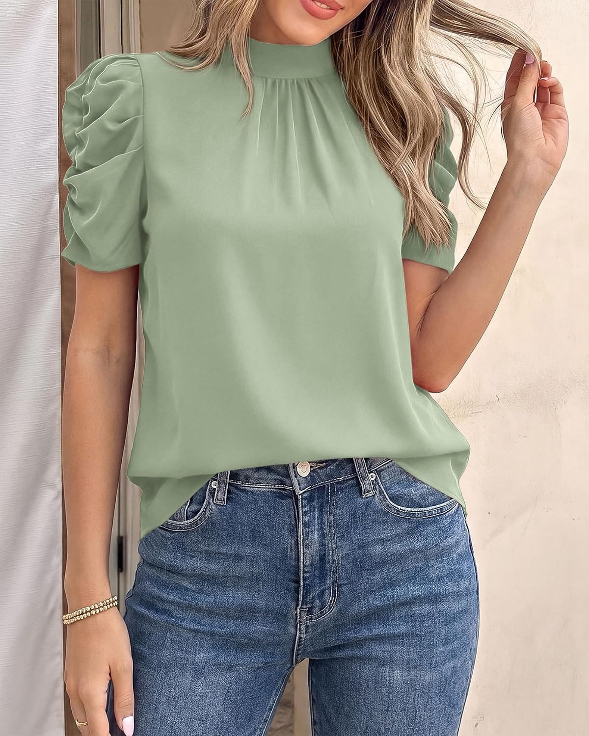 image:imageBTFBM Women Blouses High Neck Boho Floral TopsSolid Light Green