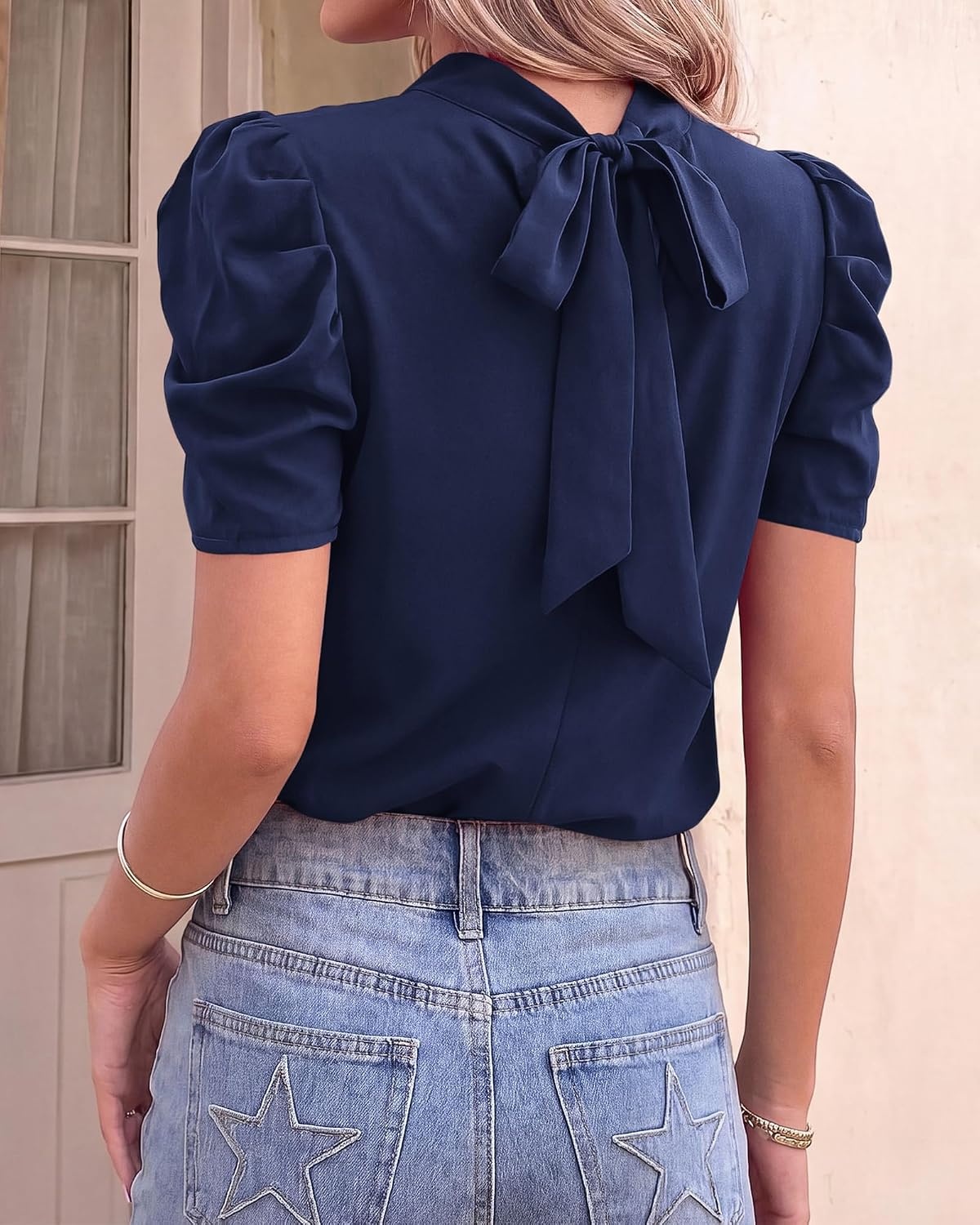 image:imageBTFBM Women Blouses High Neck Boho Floral TopsSolid Navy