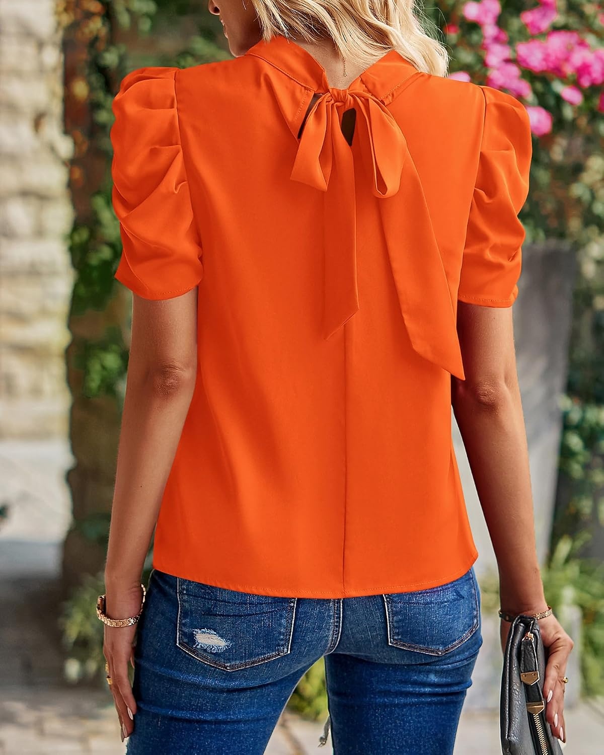 image:imageBTFBM Women Blouses High Neck Boho Floral TopsSolid Orange