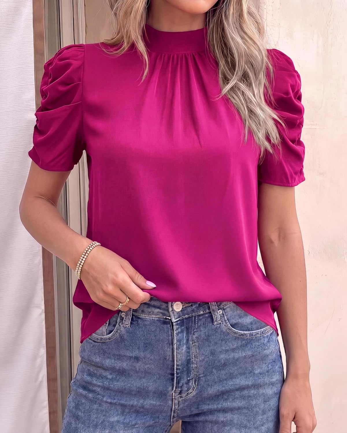 image:imageBTFBM Women Blouses High Neck Boho Floral TopsSolid Rose Red