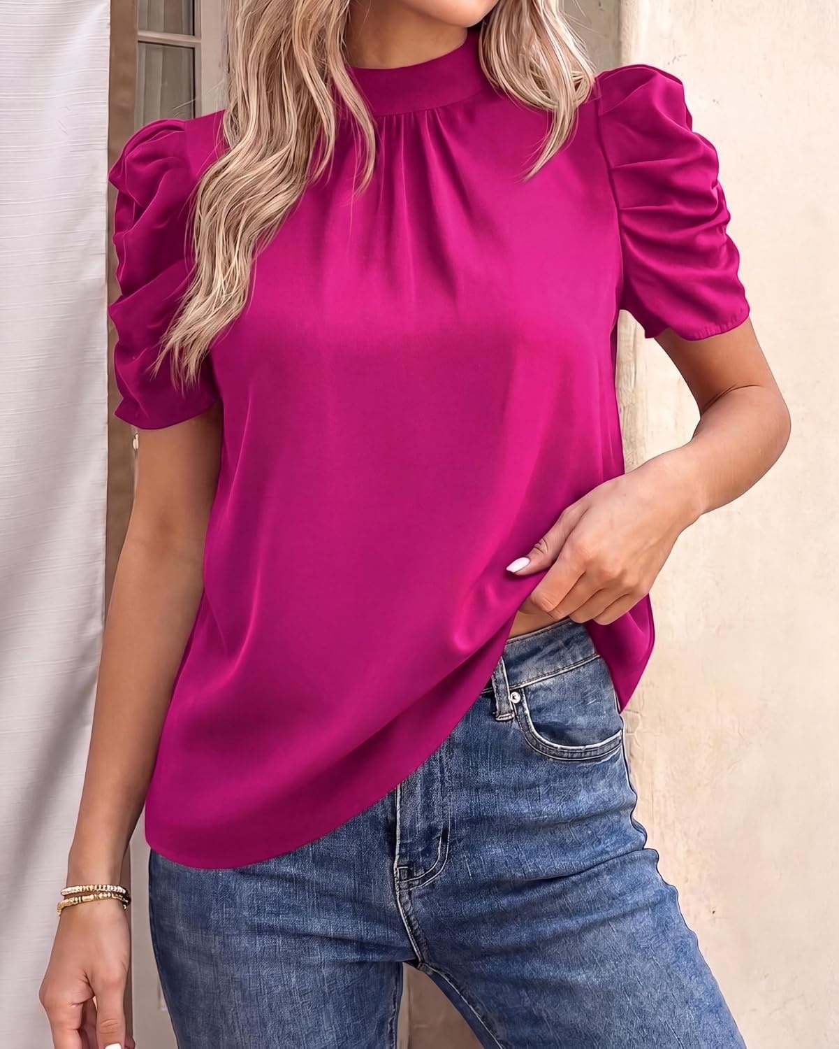 image:imageBTFBM Women Blouses High Neck Boho Floral TopsSolid Rose Red
