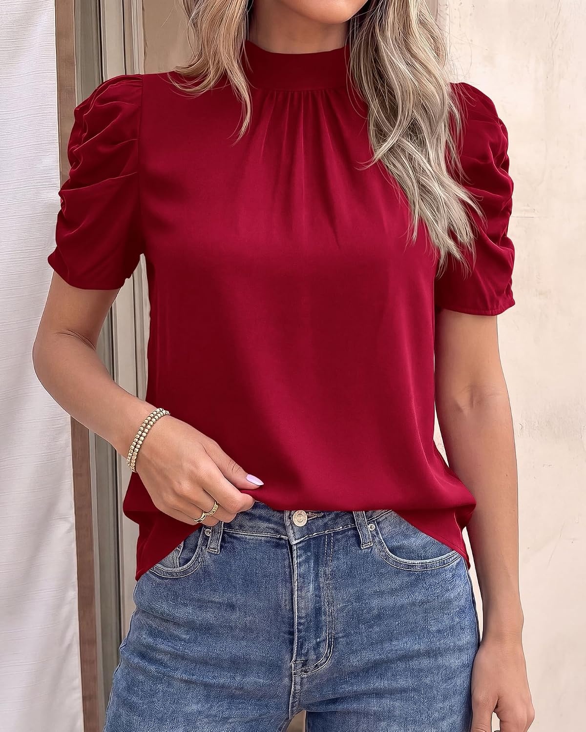 image:imageBTFBM Women Blouses High Neck Boho Floral TopsSolid Wine Red
