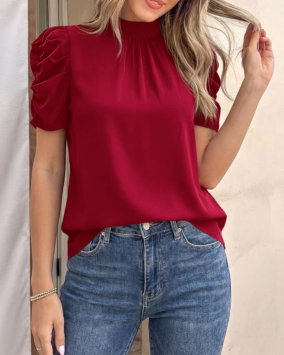 image:imageBTFBM Women Blouses High Neck Boho Floral TopsSolid Wine Red