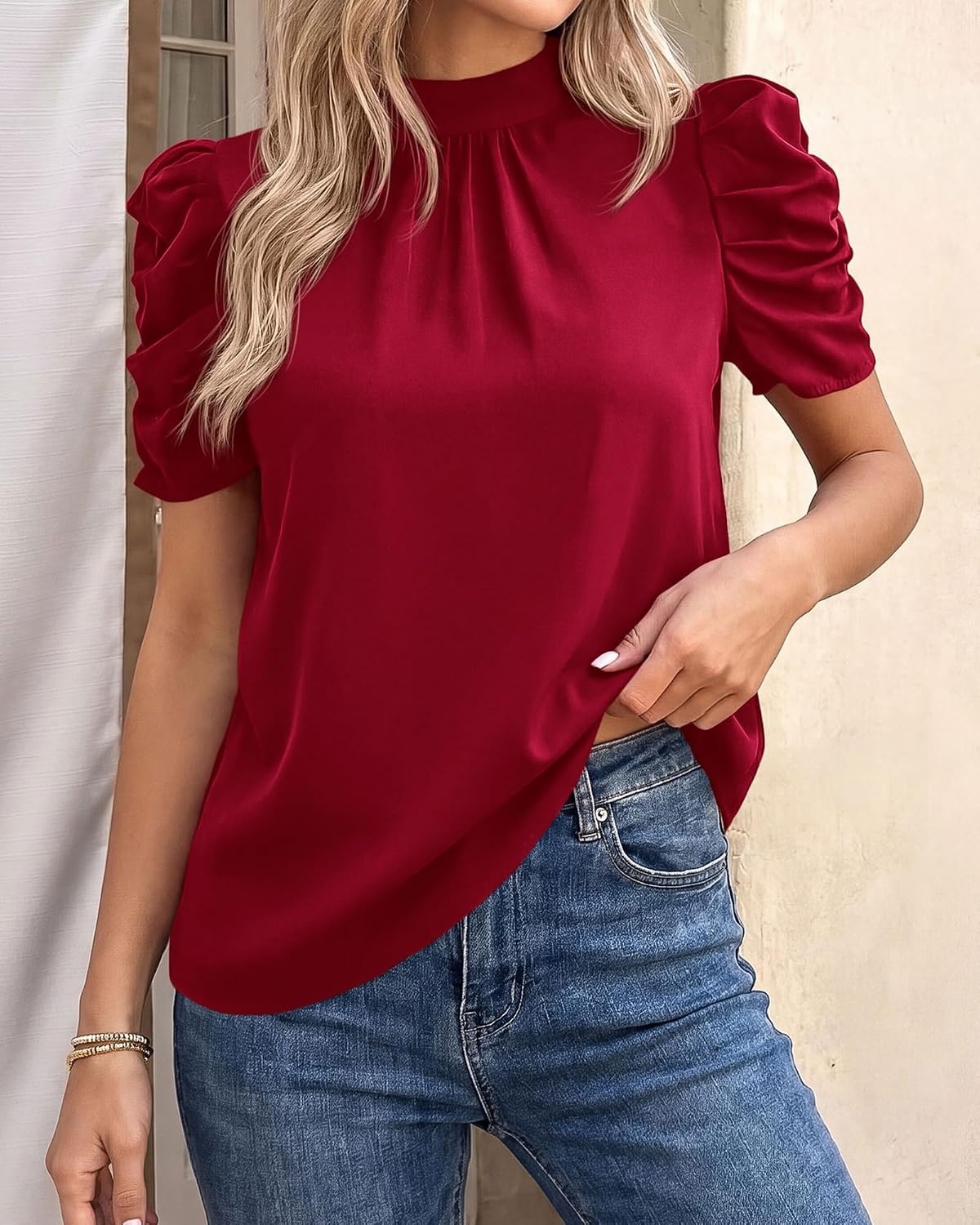 image:imageBTFBM Women Blouses High Neck Boho Floral TopsSolid Wine Red