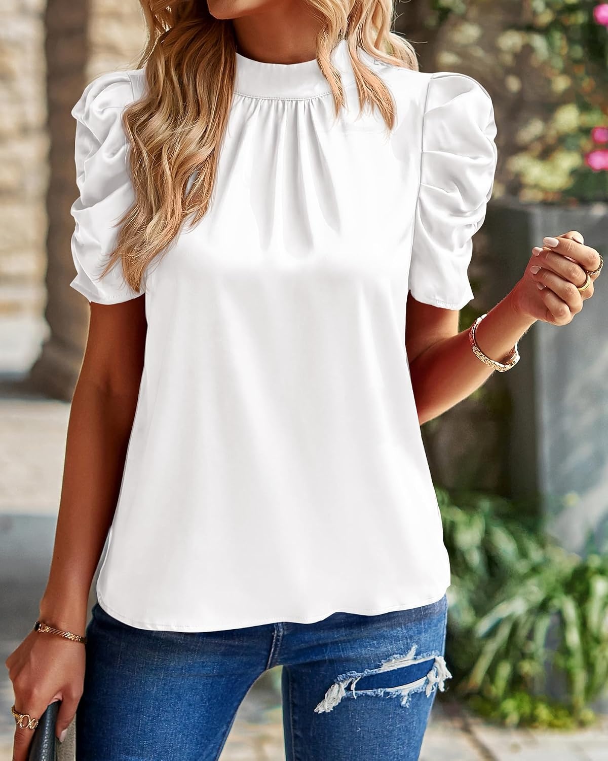 image:imageBTFBM Women Blouses High Neck Boho Floral TopsWhite