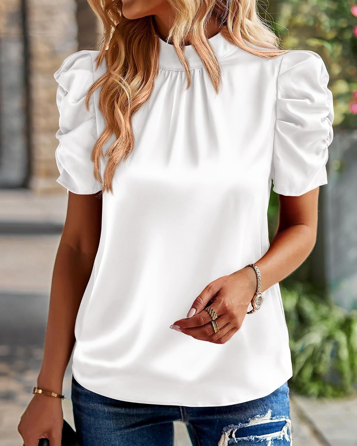 image:imageBTFBM Women Blouses High Neck Boho Floral TopsWhite