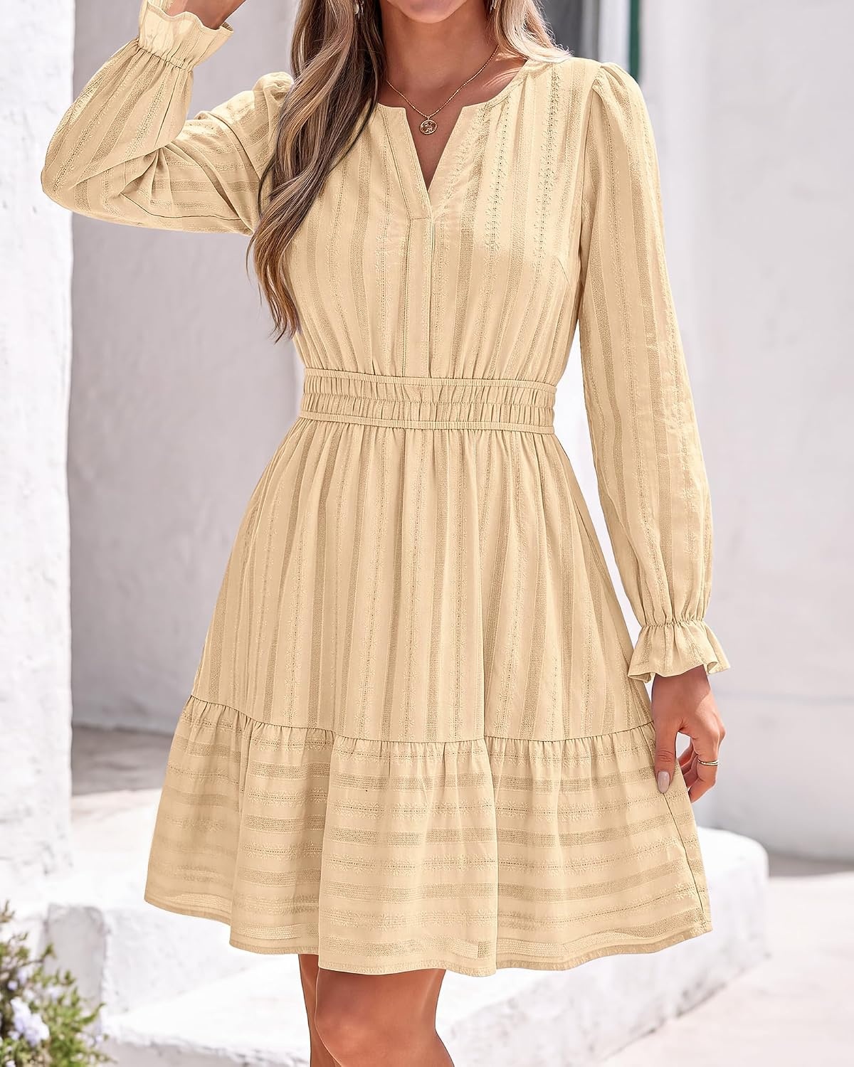 image:imageBTFBM Women Long Sleeve Flowy A Line Mini Fall DressApricot