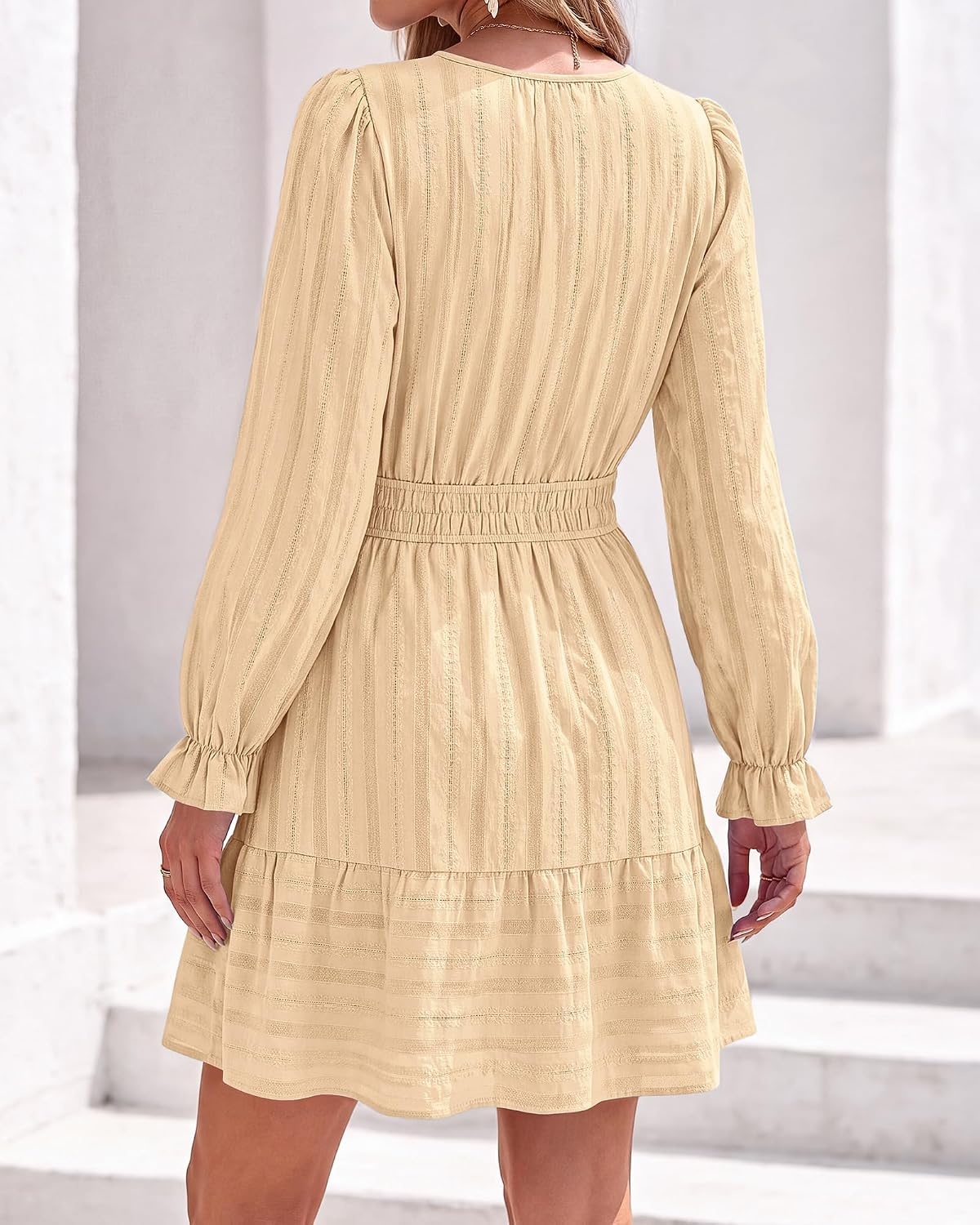image:imageBTFBM Women Long Sleeve Flowy A Line Mini Fall DressApricot