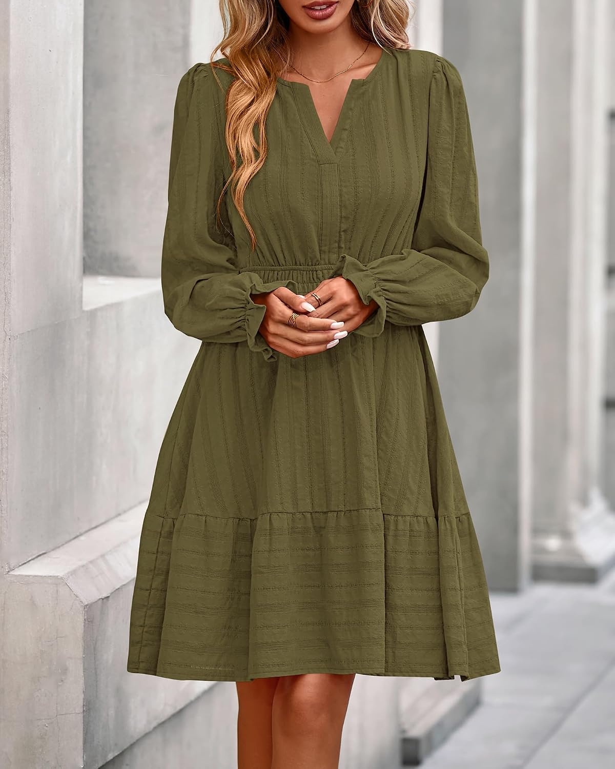 image:imageBTFBM Women Long Sleeve Flowy A Line Mini Fall DressArmy Green