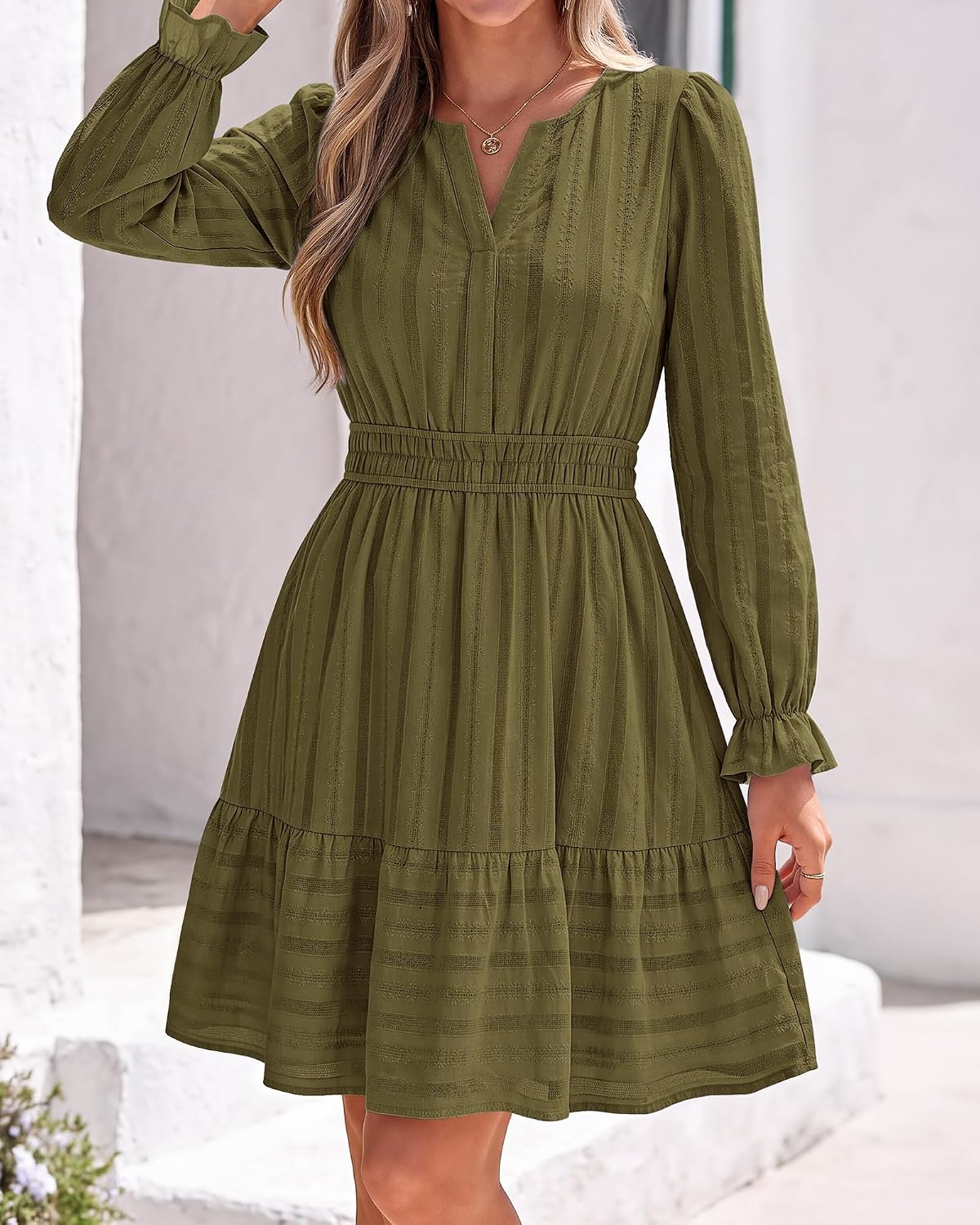 image:imageBTFBM Women Long Sleeve Flowy A Line Mini Fall DressArmy Green