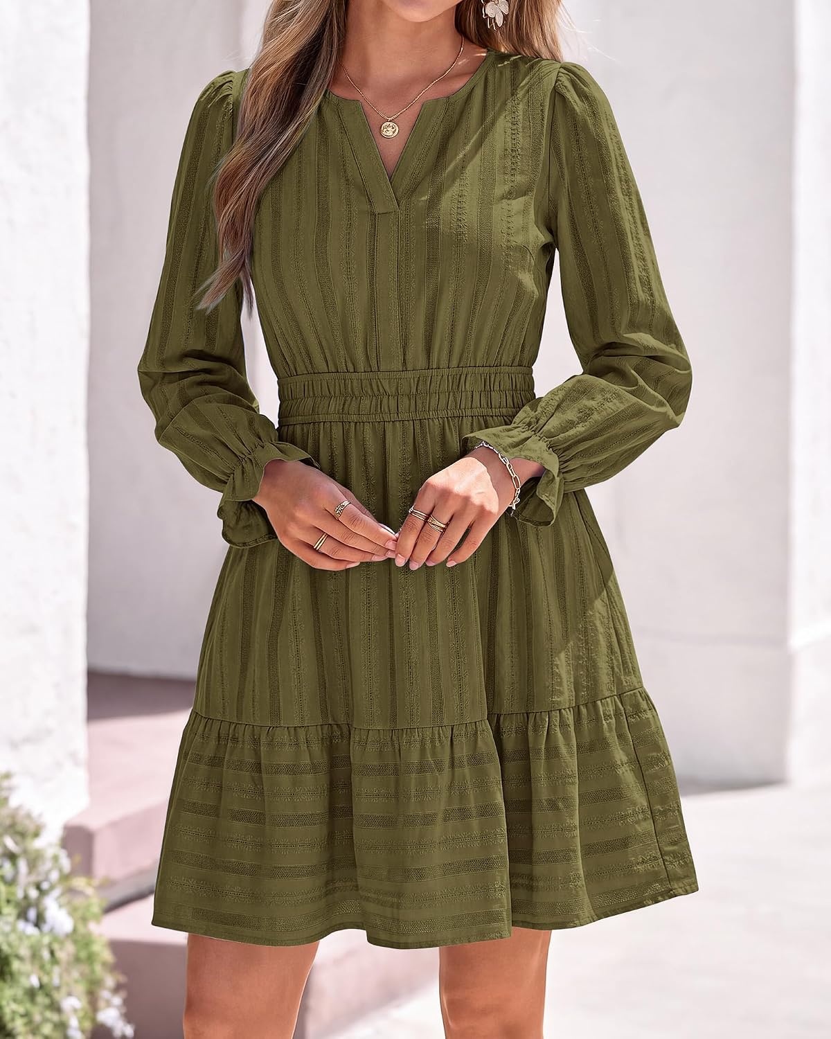image:imageBTFBM Women Long Sleeve Flowy A Line Mini Fall DressArmy Green