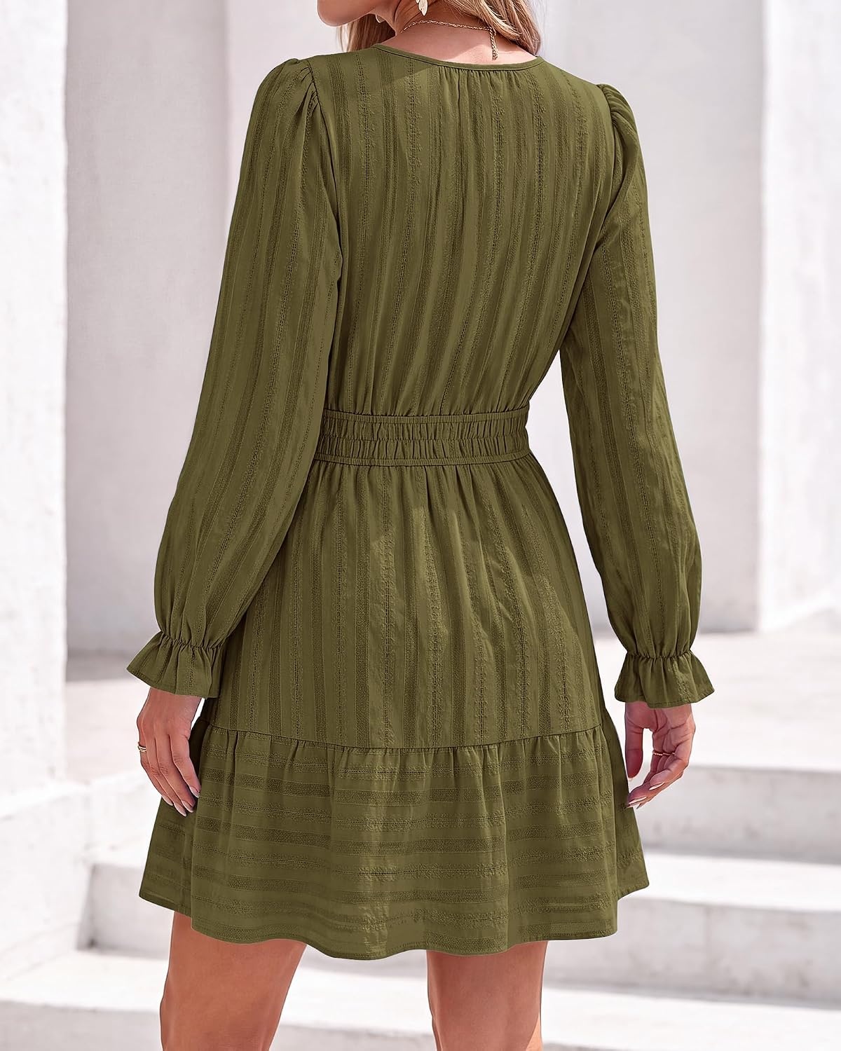 image:imageBTFBM Women Long Sleeve Flowy A Line Mini Fall DressArmy Green