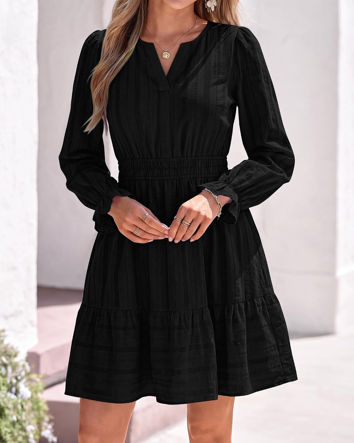 image:imageBTFBM Women Long Sleeve Flowy A Line Mini Fall DressBlack