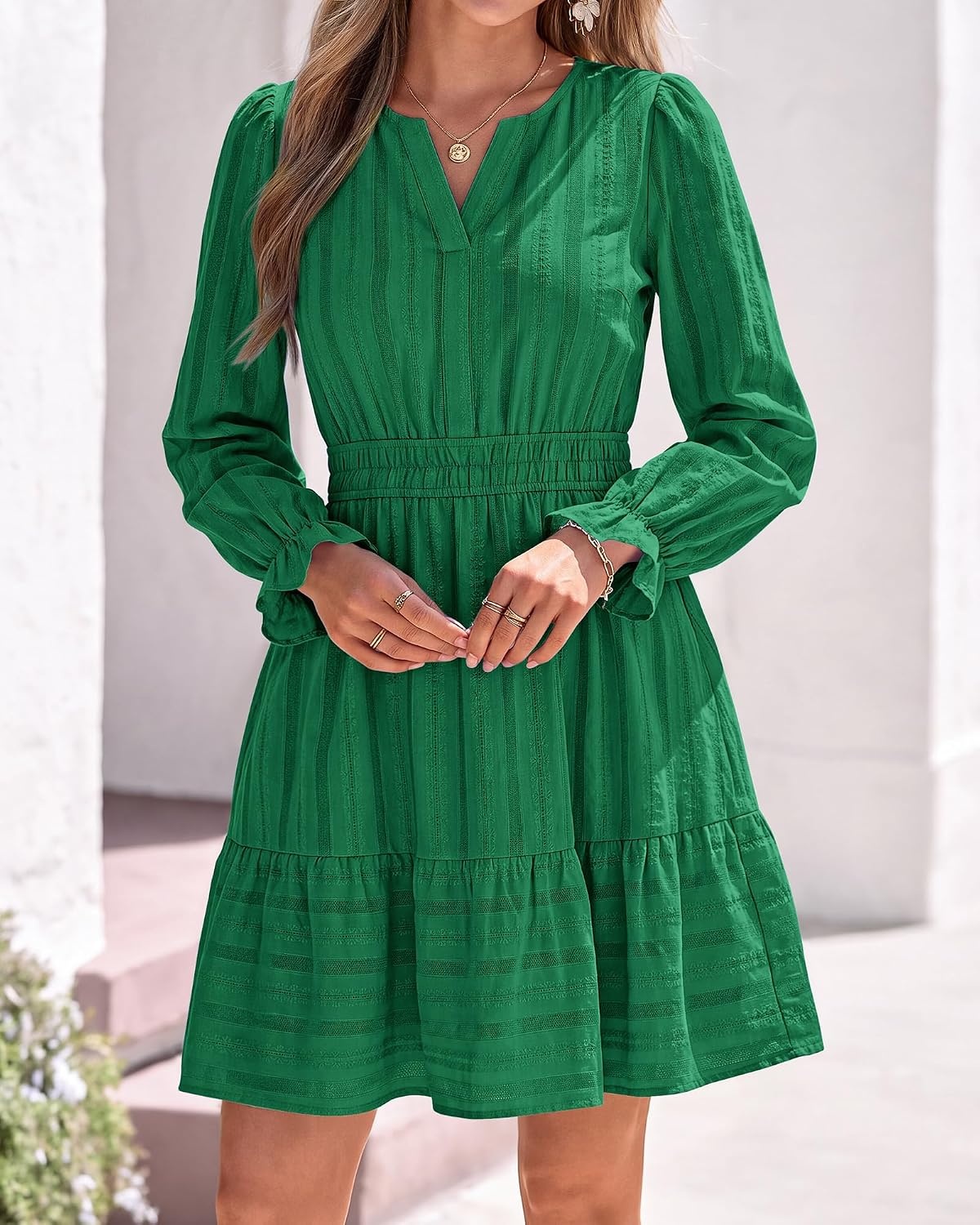 image:imageBTFBM Women Long Sleeve Flowy A Line Mini Fall DressDark Green