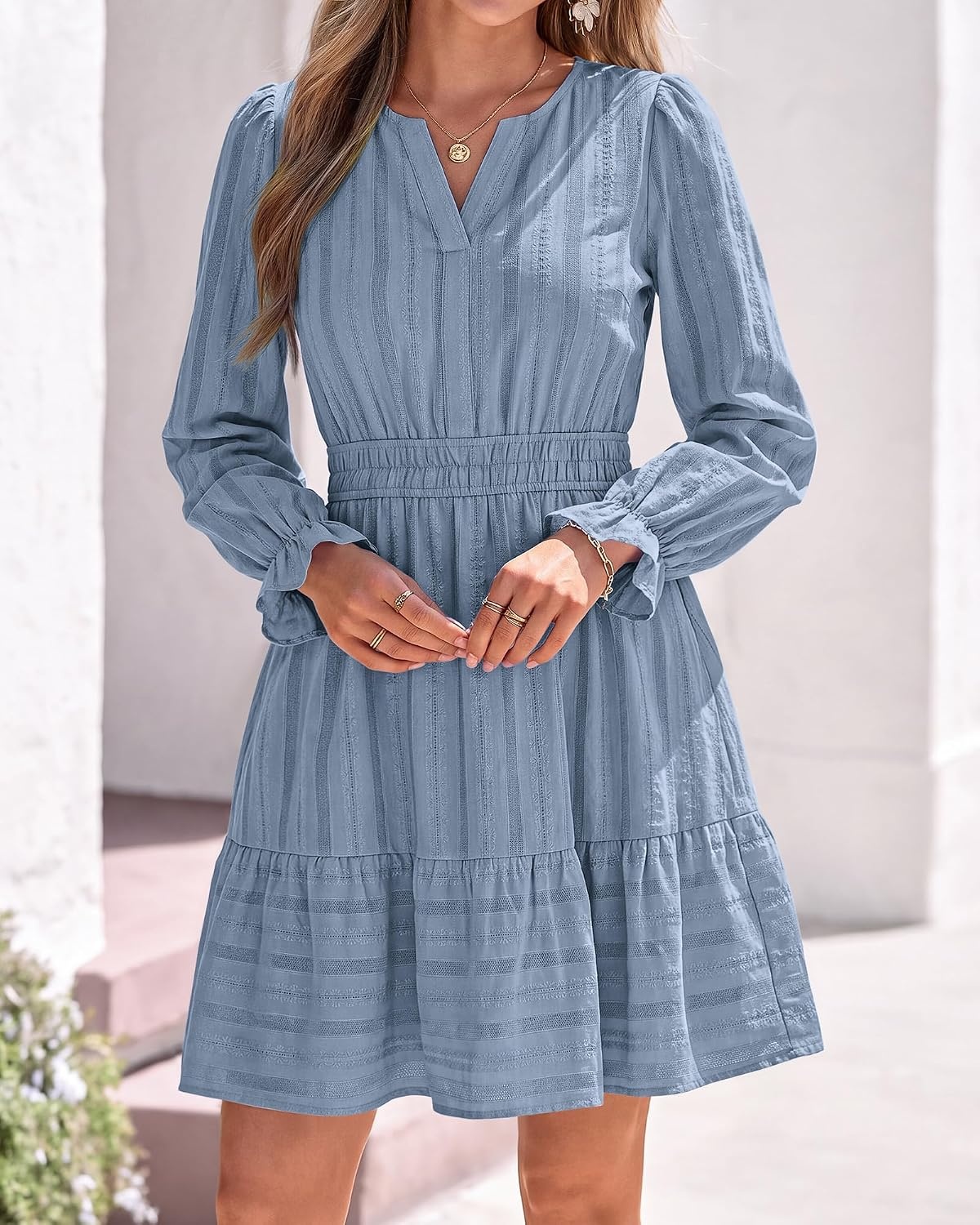 image:imageBTFBM Women Long Sleeve Flowy A Line Mini Fall DressDusty Blue