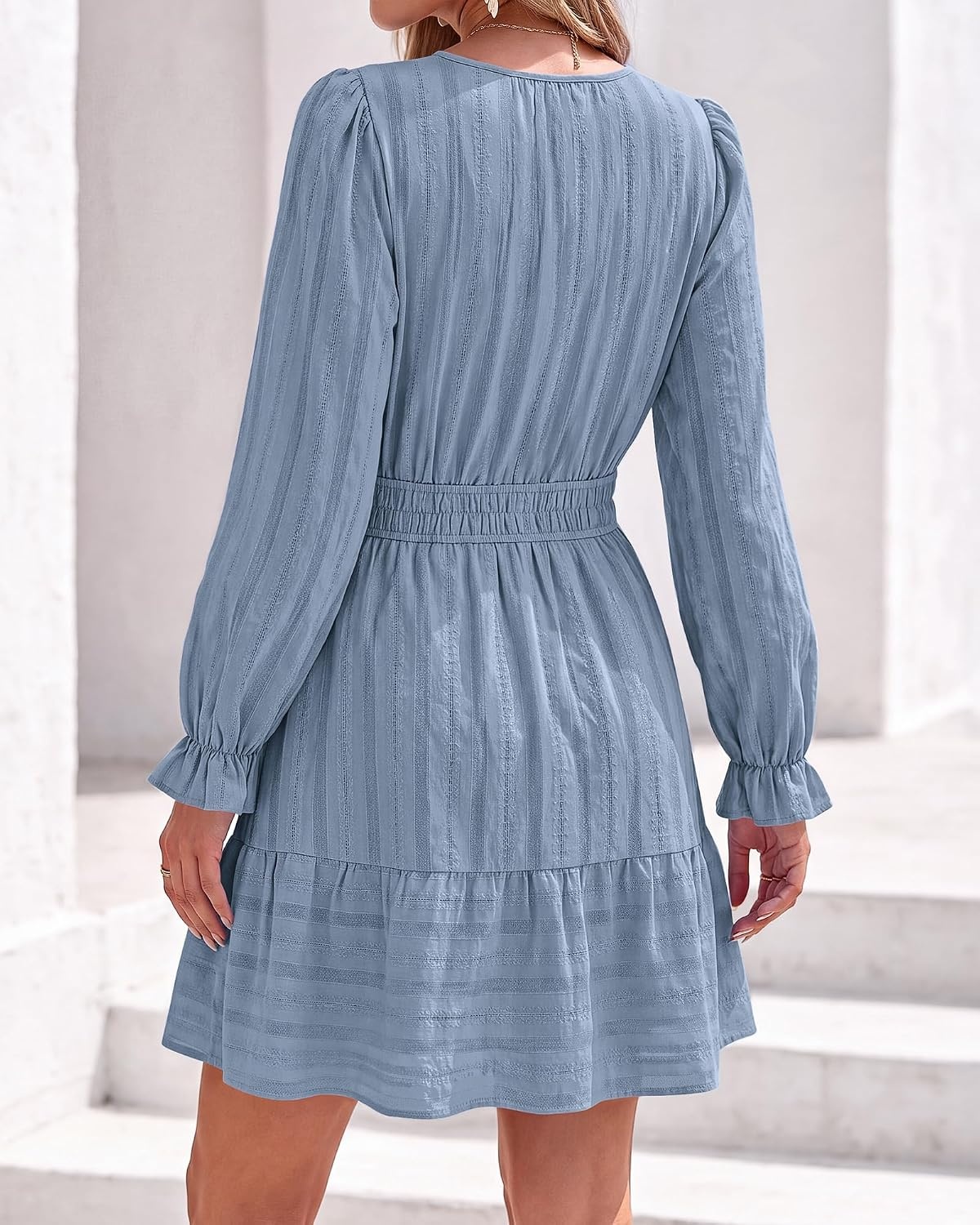 image:imageBTFBM Women Long Sleeve Flowy A Line Mini Fall DressDusty Blue