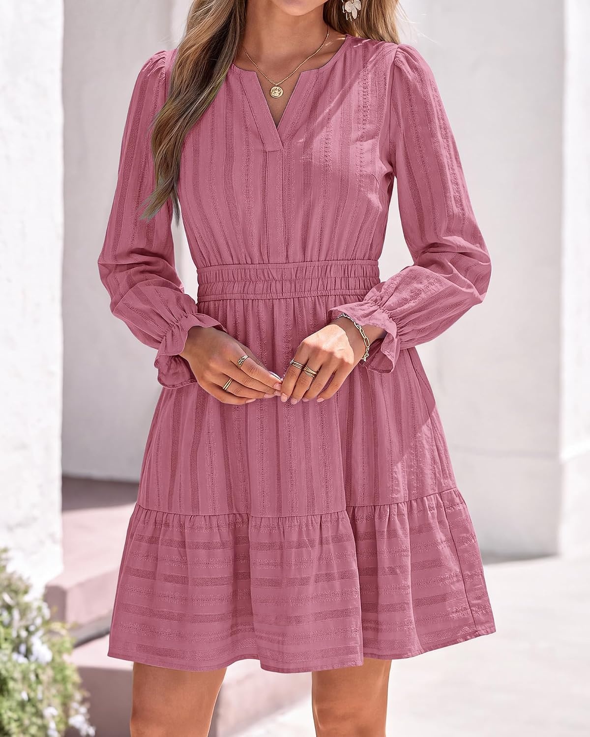 image:imageBTFBM Women Long Sleeve Flowy A Line Mini Fall DressDusty Pink