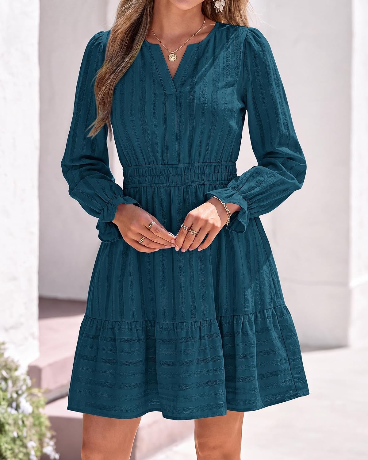 image:imageBTFBM Women Long Sleeve Flowy A Line Mini Fall DressLake Blue