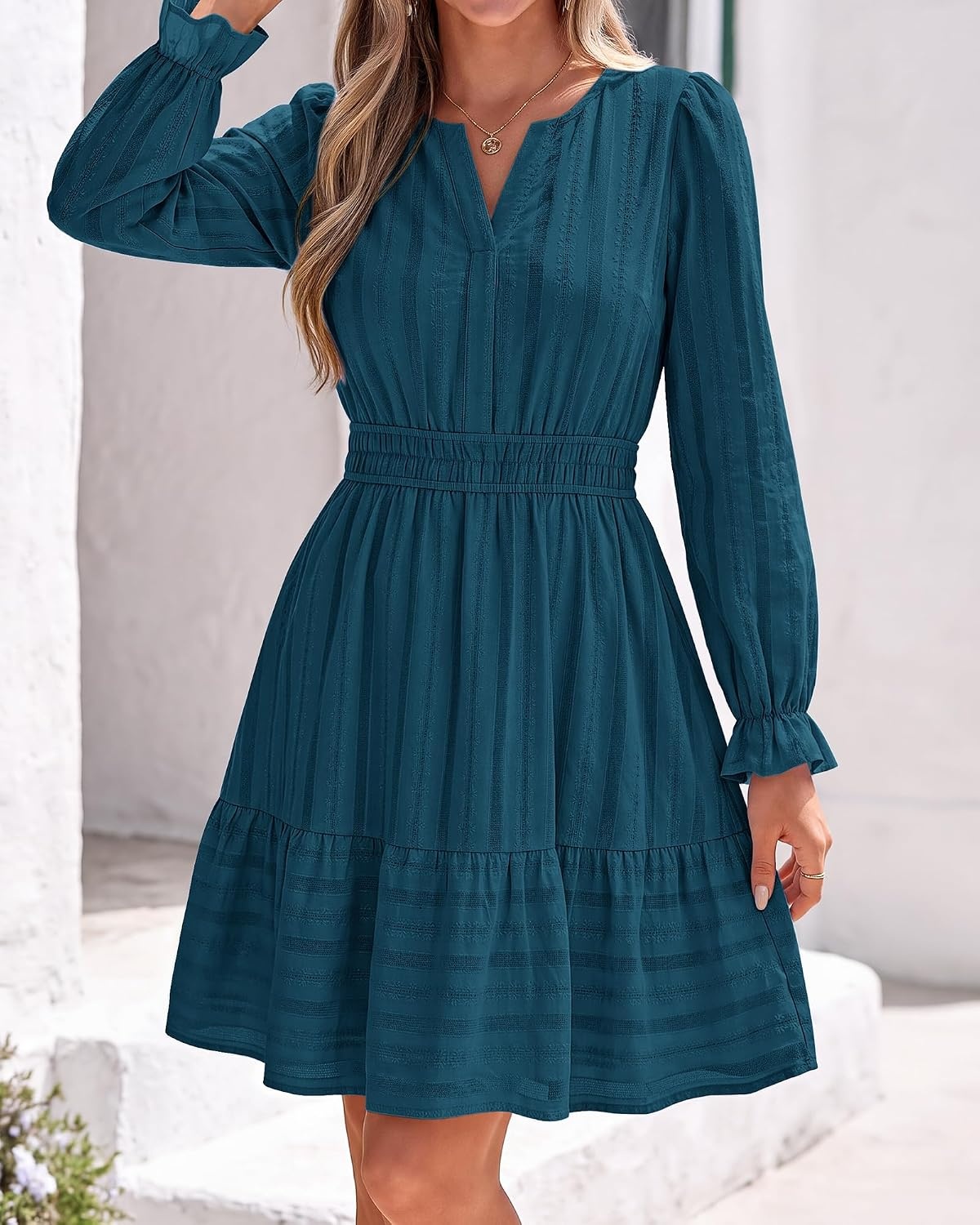 image:imageBTFBM Women Long Sleeve Flowy A Line Mini Fall DressLake Blue