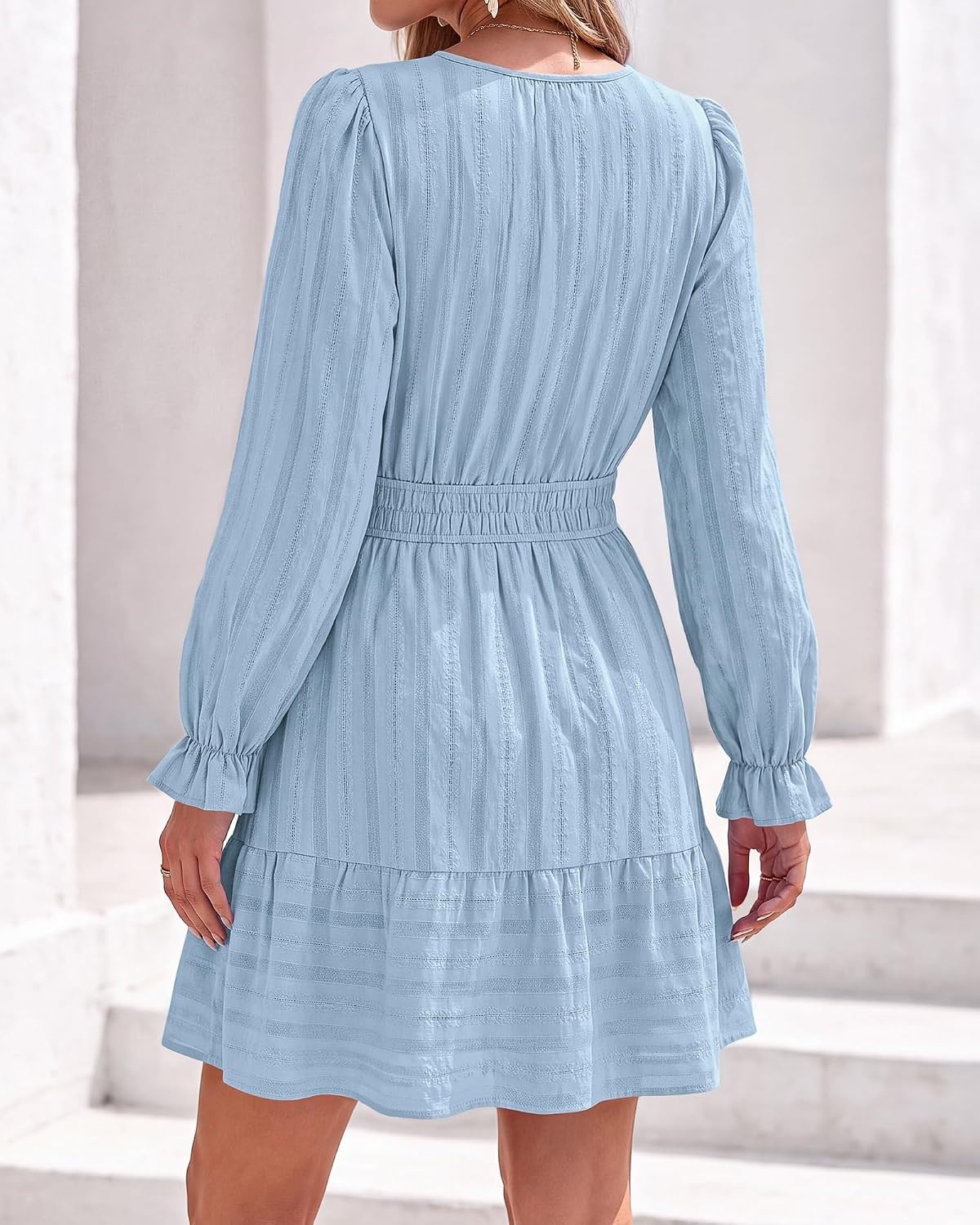 image:imageBTFBM Women Long Sleeve Flowy A Line Mini Fall DressLight Blue